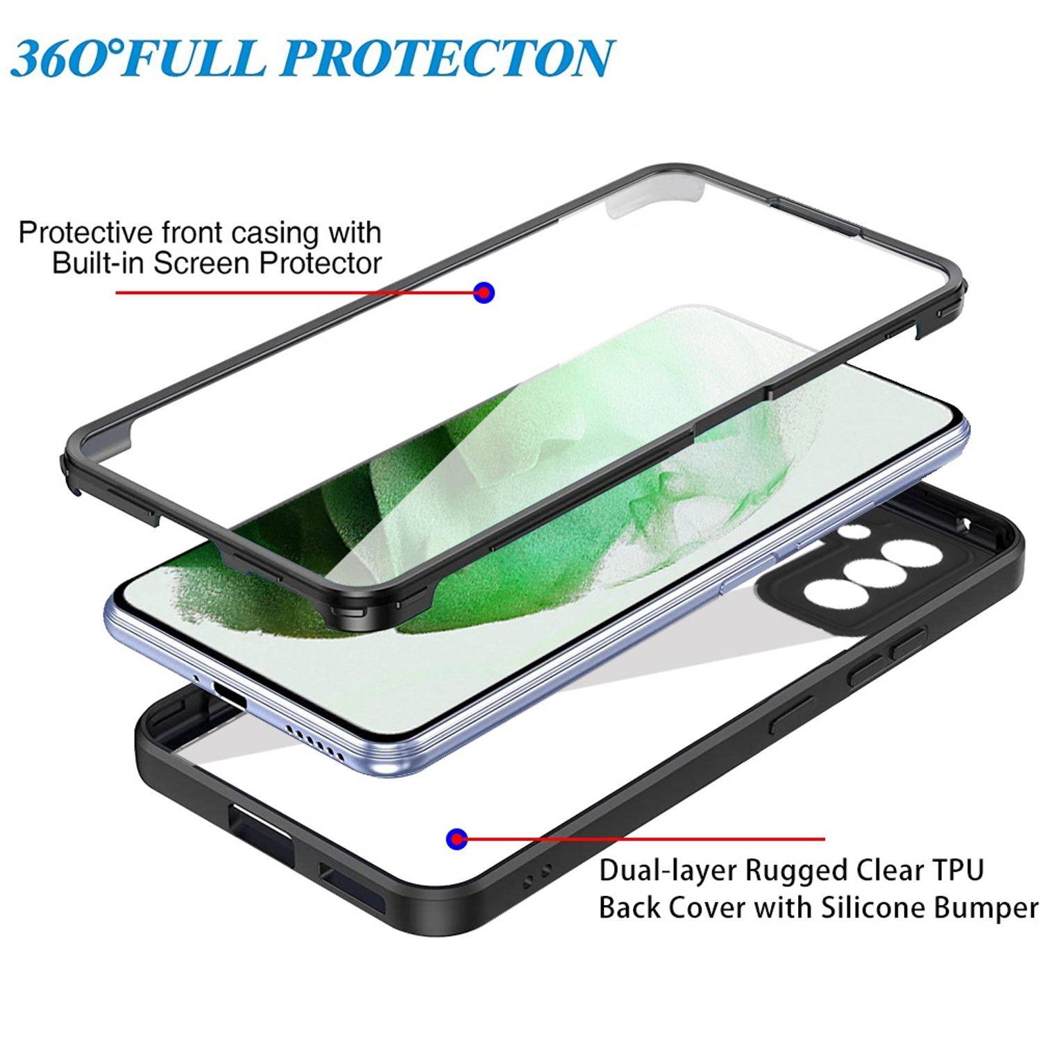 Hülle kompatibel mit Samsung Galaxy S22 Plus 5G Kunststoff Full Cover Handyhülle - Case Schwarz