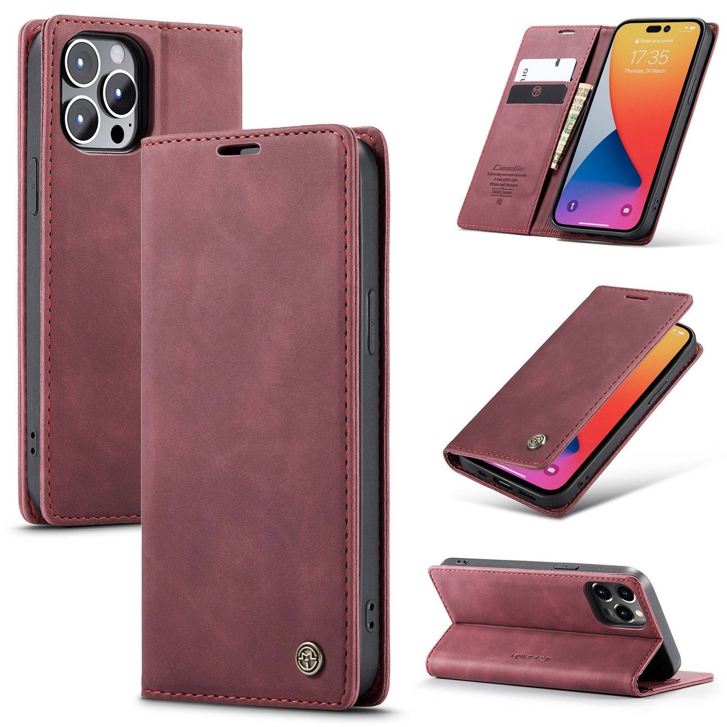 Hülle kompatibel mit Apple iPhone 14 Pro Max Kunstleder Handyhülle - Handy Case Weinrot