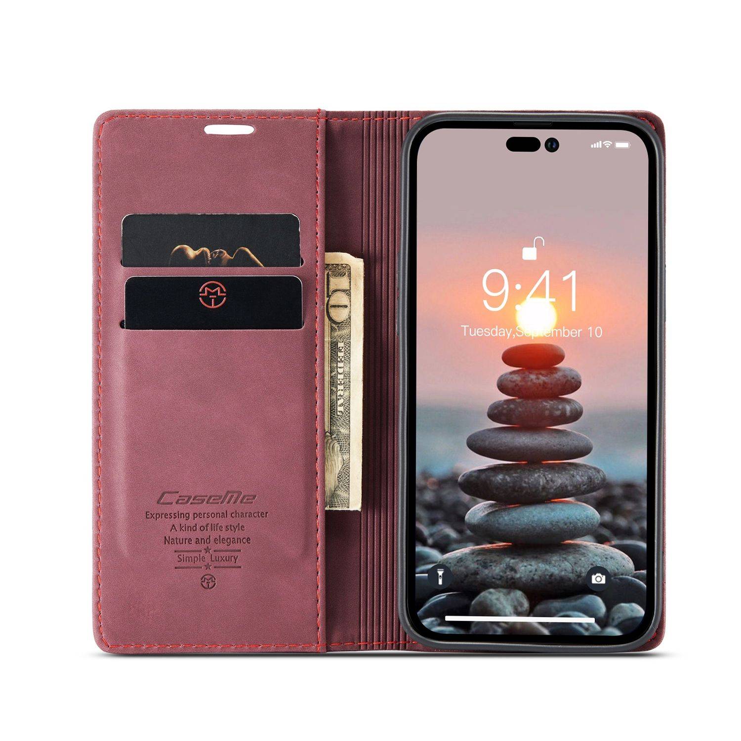Hülle kompatibel mit Apple iPhone 14 Pro Max Kunstleder Handyhülle - Handy Case Weinrot