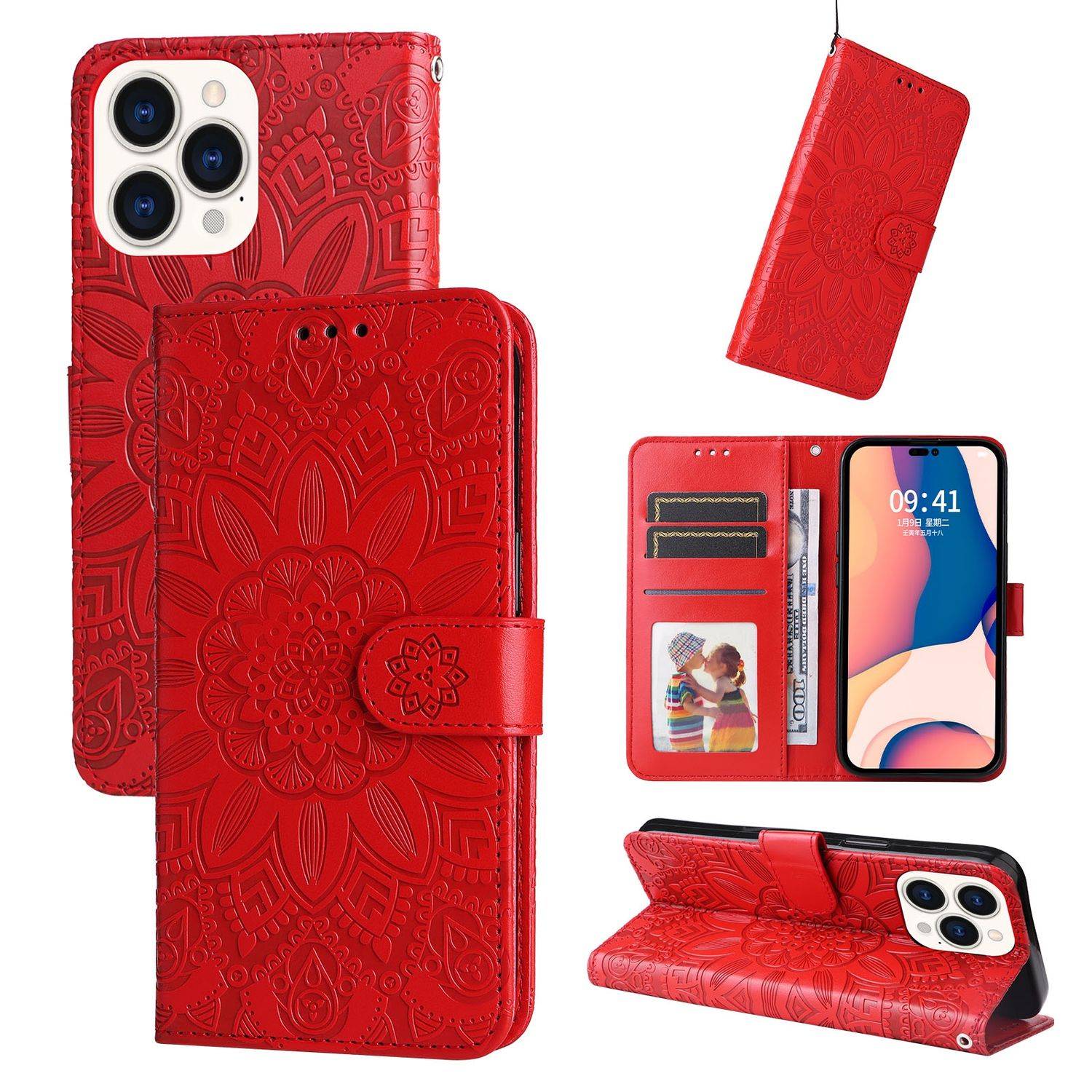 Hülle kompatibel mit Apple iPhone 14 Pro Max Kunstleder Handyhülle - Handy Case Rot