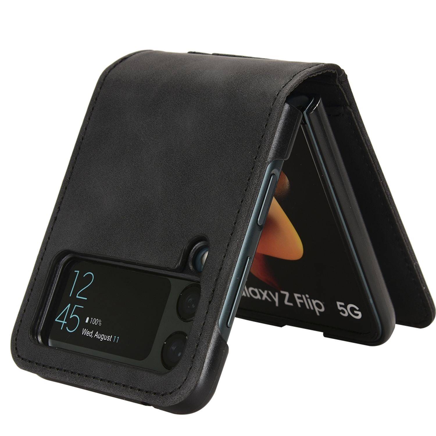 Hülle kompatibel mit Samsung Galaxy Z Flip4 5G Kunstleder Handyhülle - Handy Case Schwarz