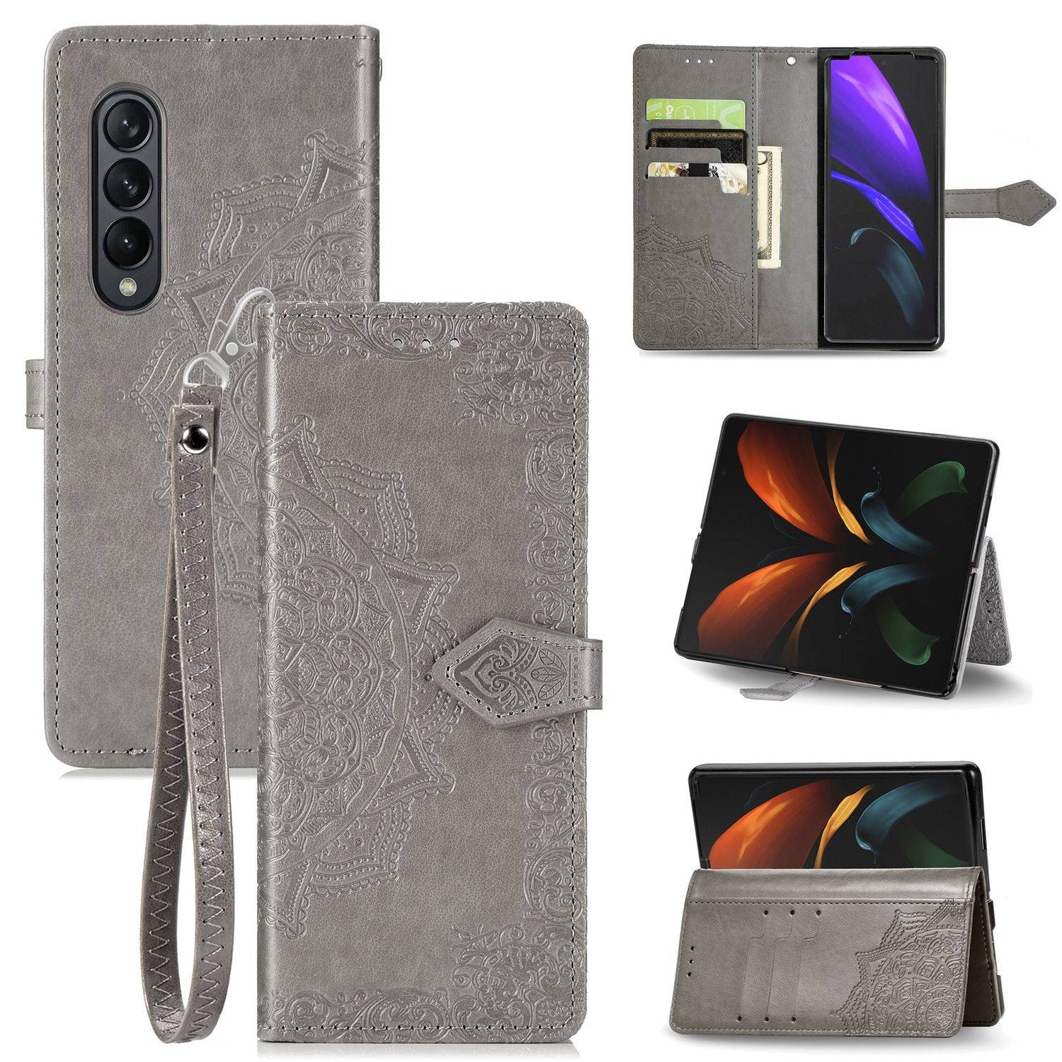 Hülle kompatibel mit Samsung Galaxy Z Fold4 5G Kunstleder Handyhülle - Handy Case Grau