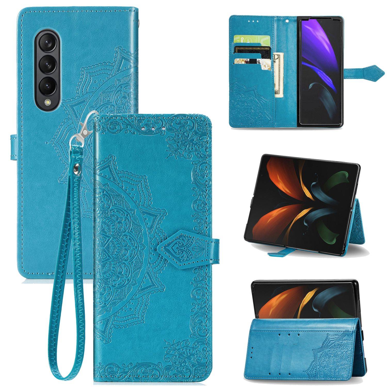 Hülle kompatibel mit Samsung Galaxy Z Fold4 5G Kunstleder Handyhülle - Handy Case Blau