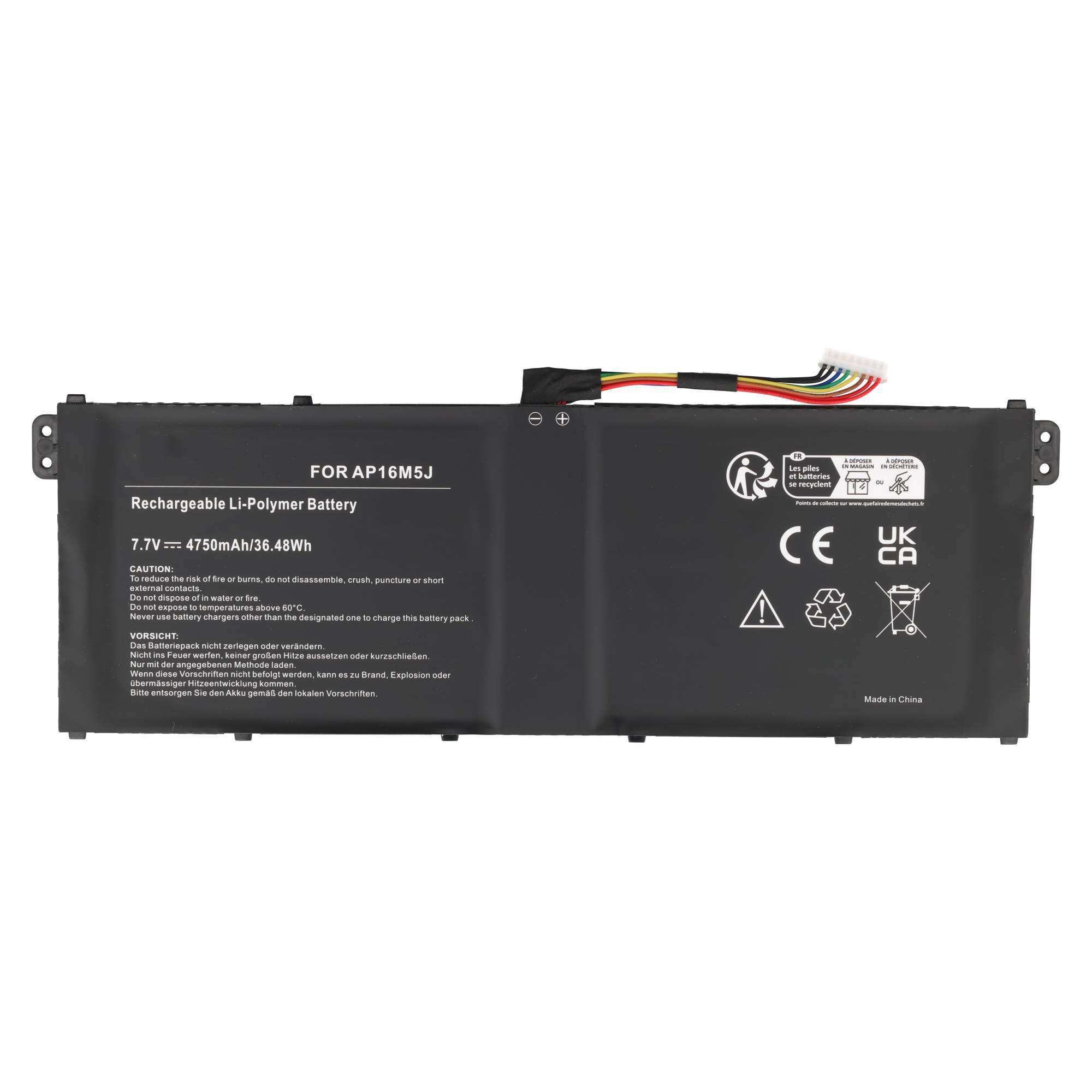 Schwarzes aufladbares Lithium-Polymer-Akkupaket mit angebrachten mehrfarbigen Anschlussdrähten und Zertifizierungsmarkierungen auf weißem Hintergrund.