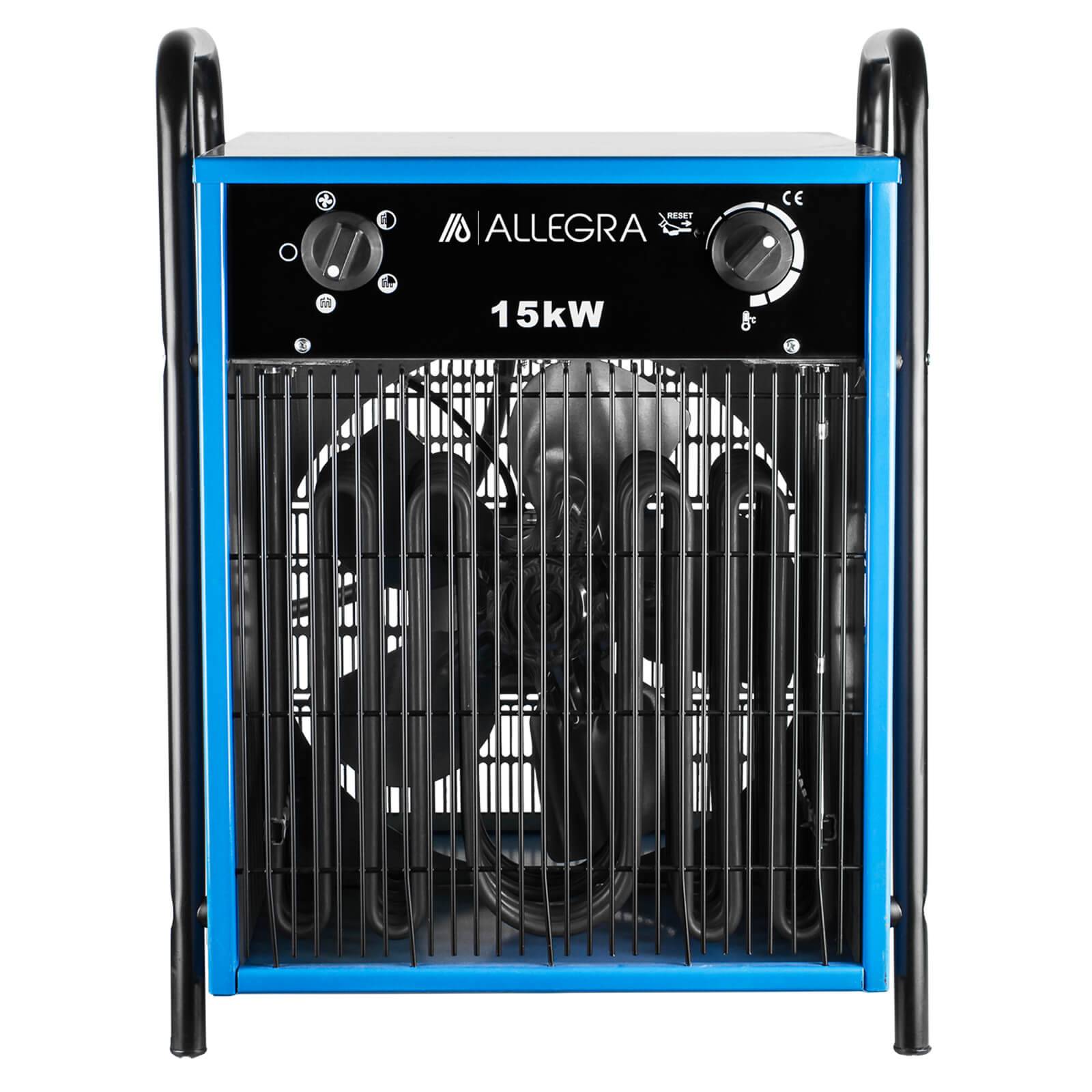 Frontansicht eines blauen und schwarzen Allegra 15-kW-Elektroheizers mit Bedienknöpfen und Schutzgitter.