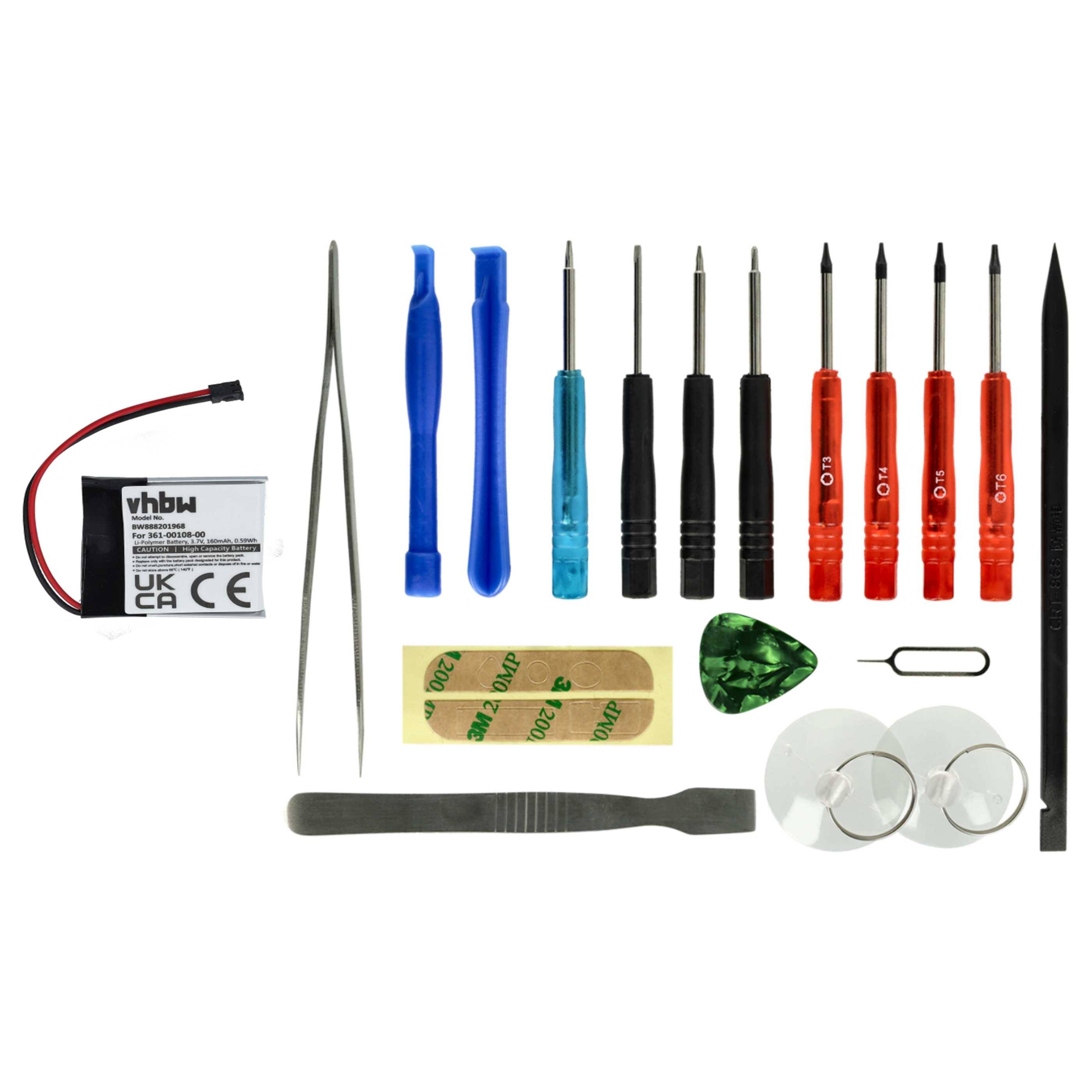 Ein Werkzeugsatz für elektronische Reparaturen mit Schraubendrehern, Pinzetten, Hebeln, einer Batterie, Klebestreifen, einem SIM-Auswerfer und Spitzen.