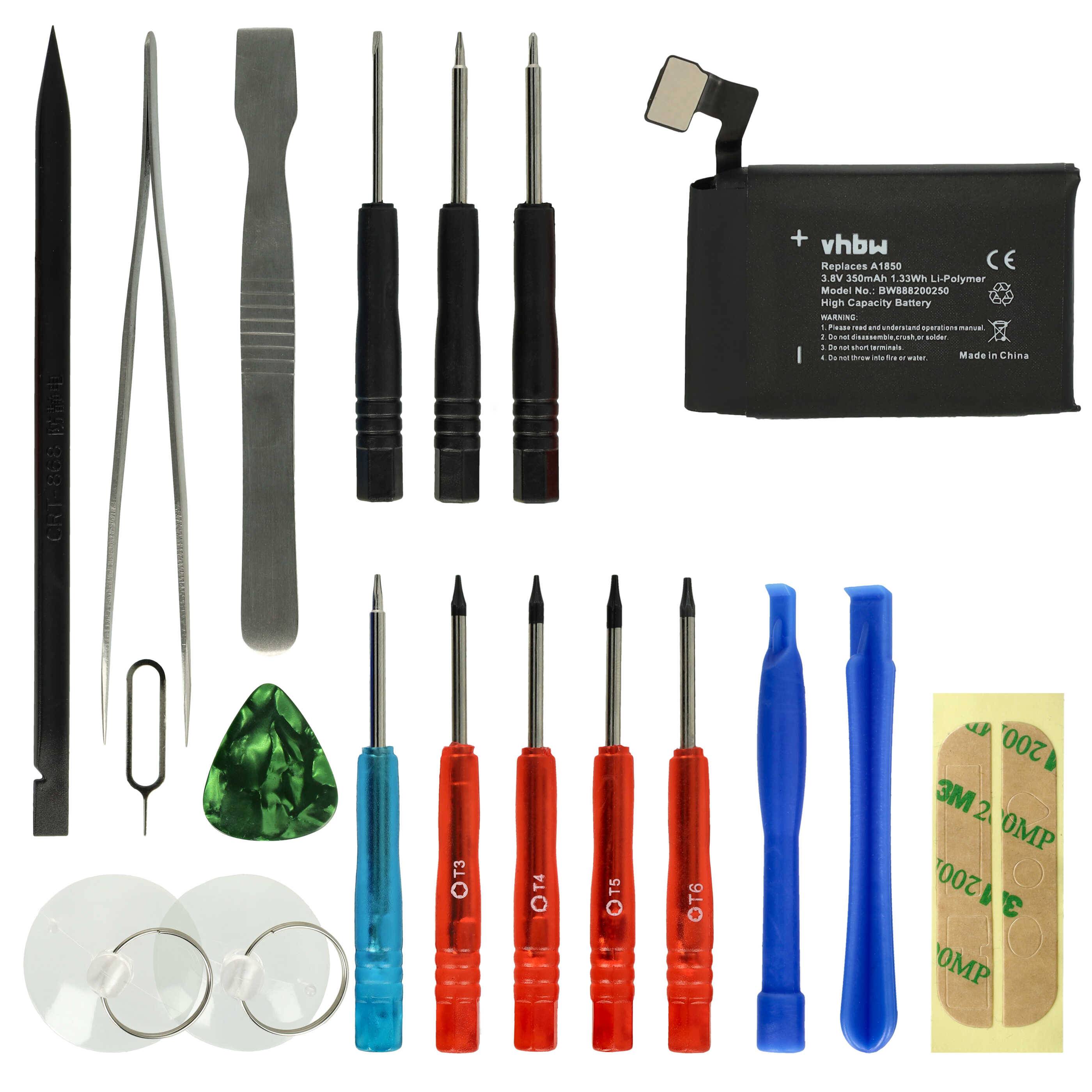 vhbw Akku kompatibel mit Apple Watch GSRF-MQK32LL/A Smartwatch Uhr Fitnessarmband (350 mAh, 3,8 V, Li-Polymer) + Werkzeug-Set