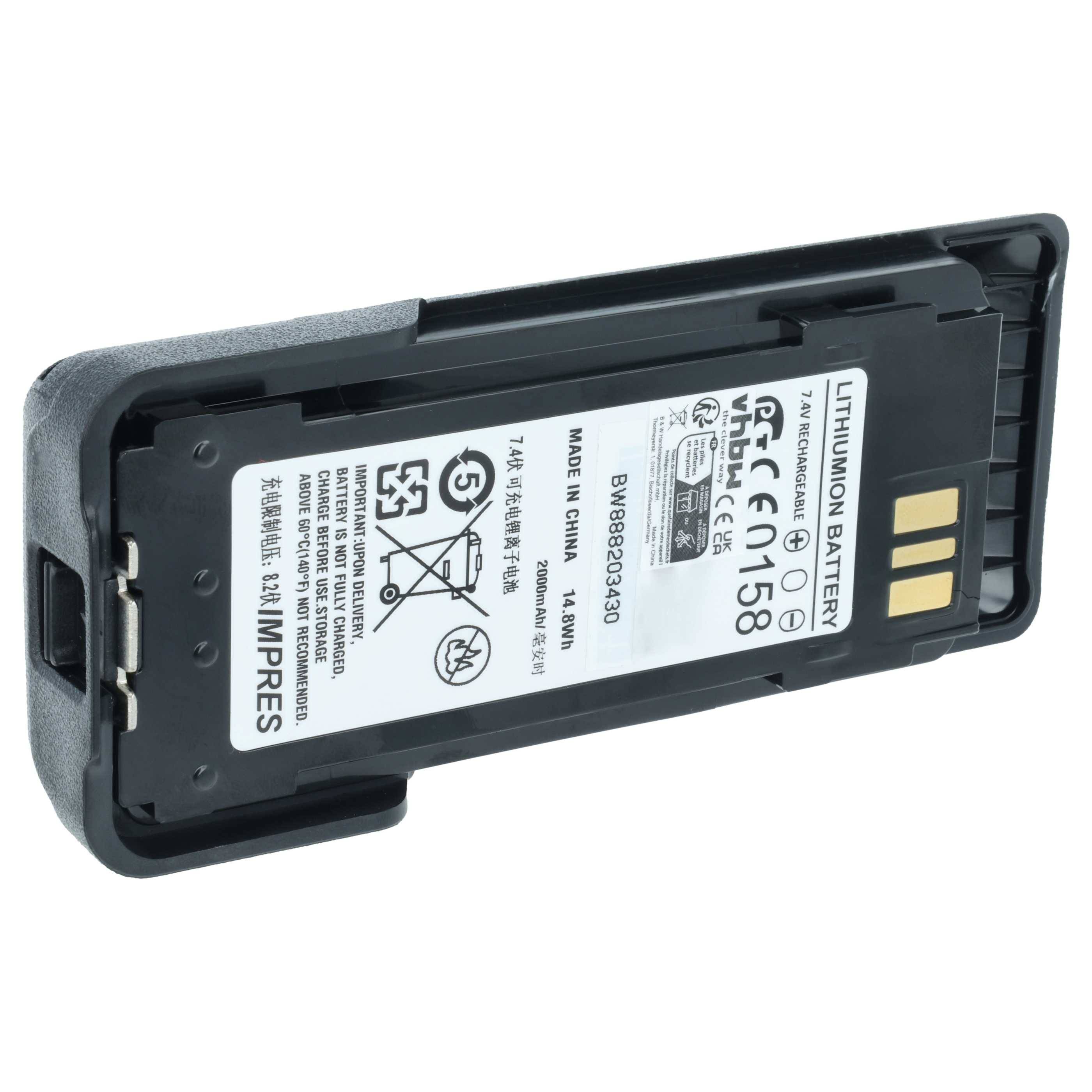 Ein Lithium-Ionen-Akkupack mit Steckerkontakten, gekennzeichnet mit Spezifikationen, Sicherheitssymbolen und Herstellungsdetails.