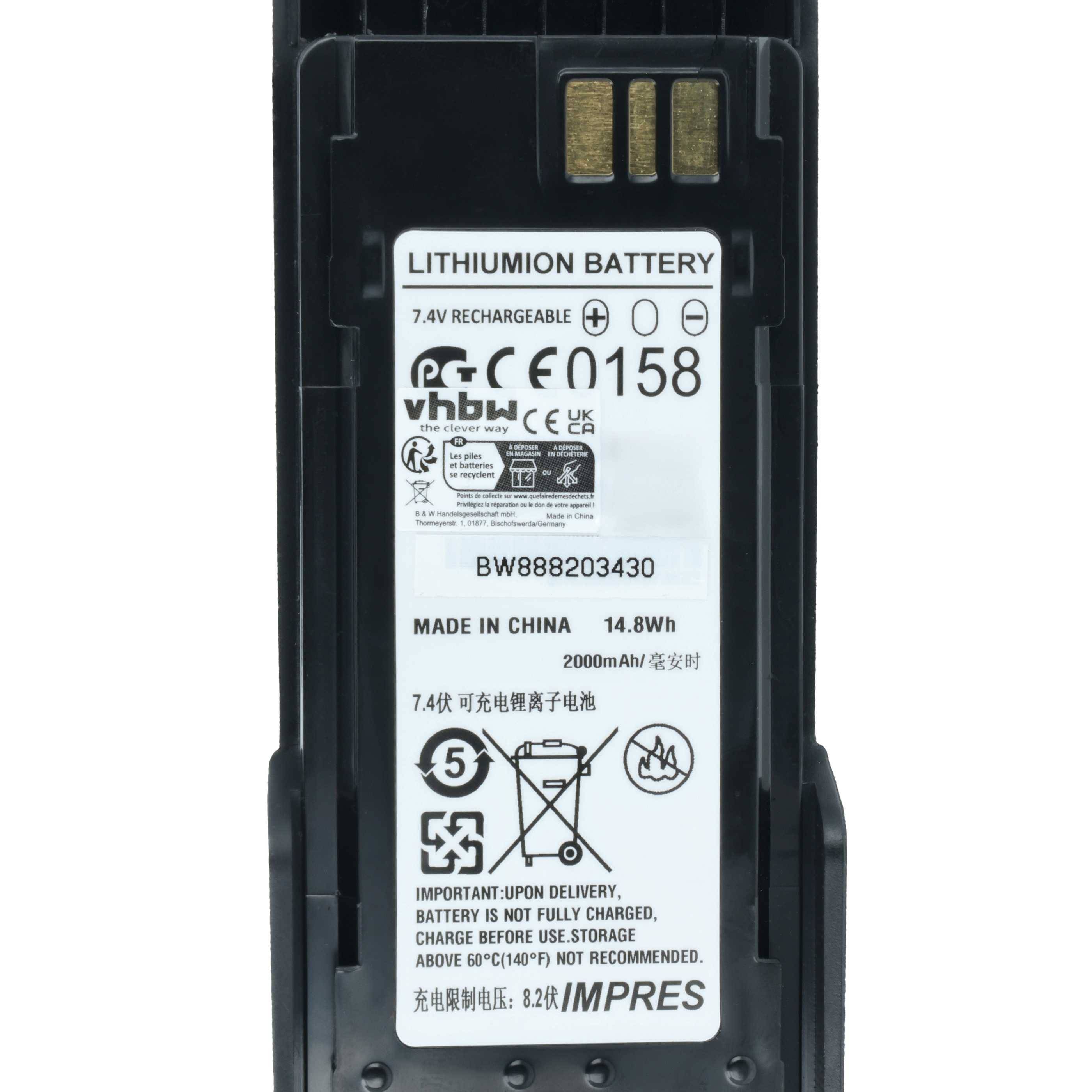 Lithium-Ionen-Akku, 7,4V wiederaufladbar, 2000mAh, Modell BW888203430, mit Sicherheits- und Zertifizierungssymbolen auf dem Etikett.
