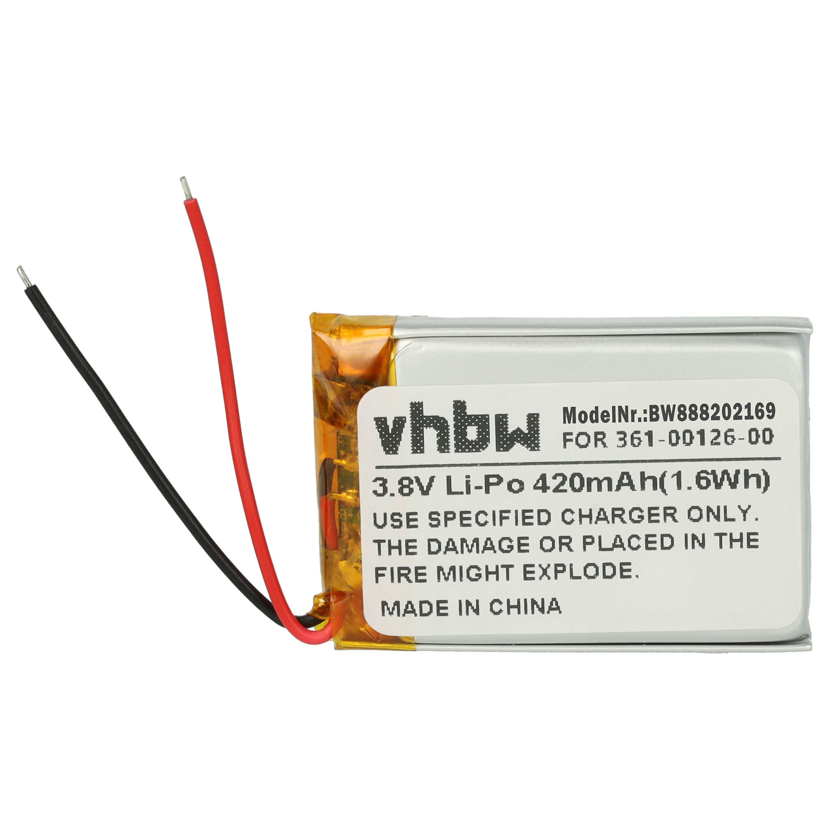 Ein kleiner Lithium-Polymer-Akku mit Drähten. Text auf dem Akku: „3,8V Li-Po 420mAh (1,6Wh). Nur mit dem vorgesehenen Ladegerät verwenden. Hergestellt in China.
