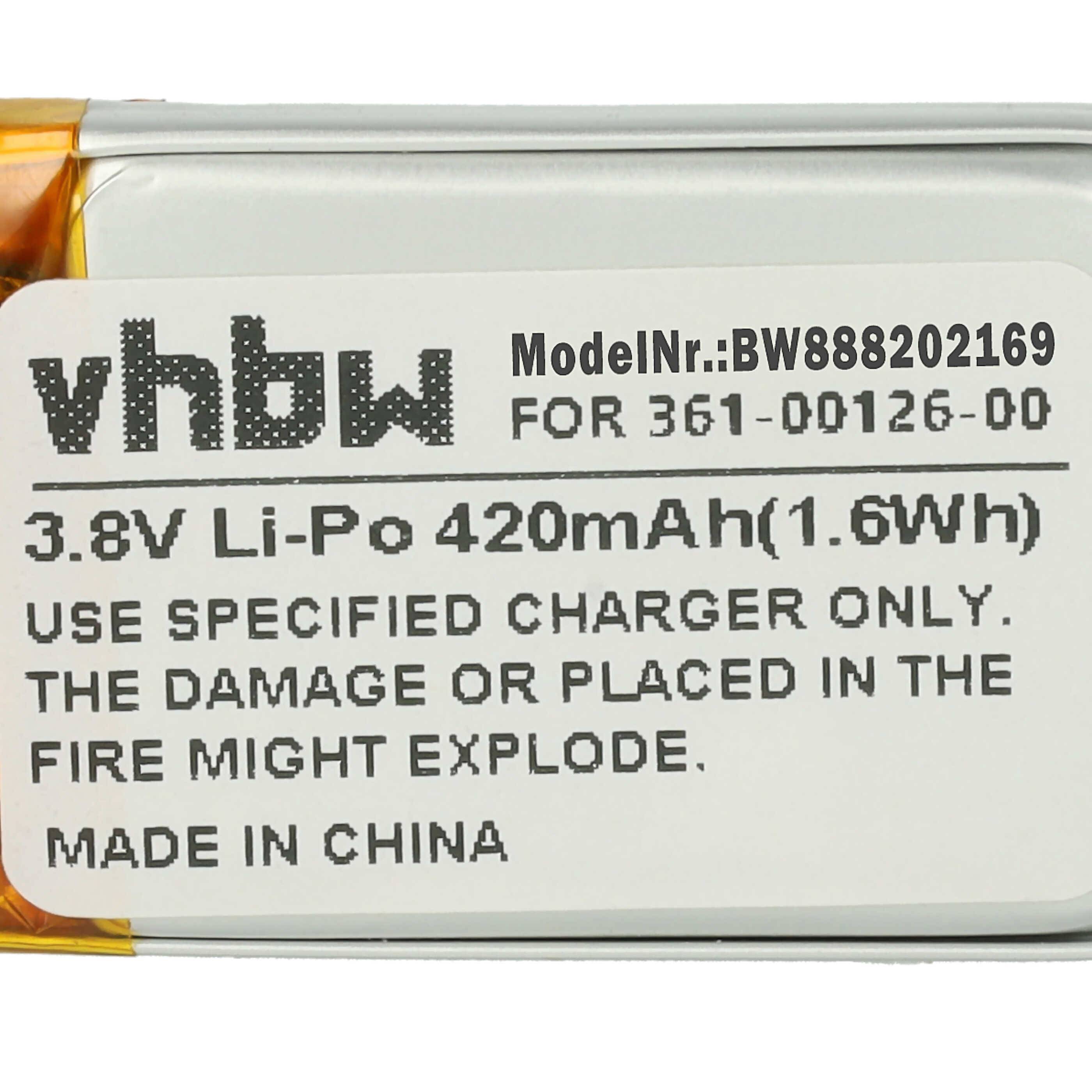 Batteriekennzeichnung mit Aufschrift „vhbw Modellnr.: BW888202169 für 361-00126-00 3,8V Li-Po 420mAh (1,6Wh). Nur das vorgesehene Ladegerät verwenden. Feuer könnte explodieren. Made in China.
