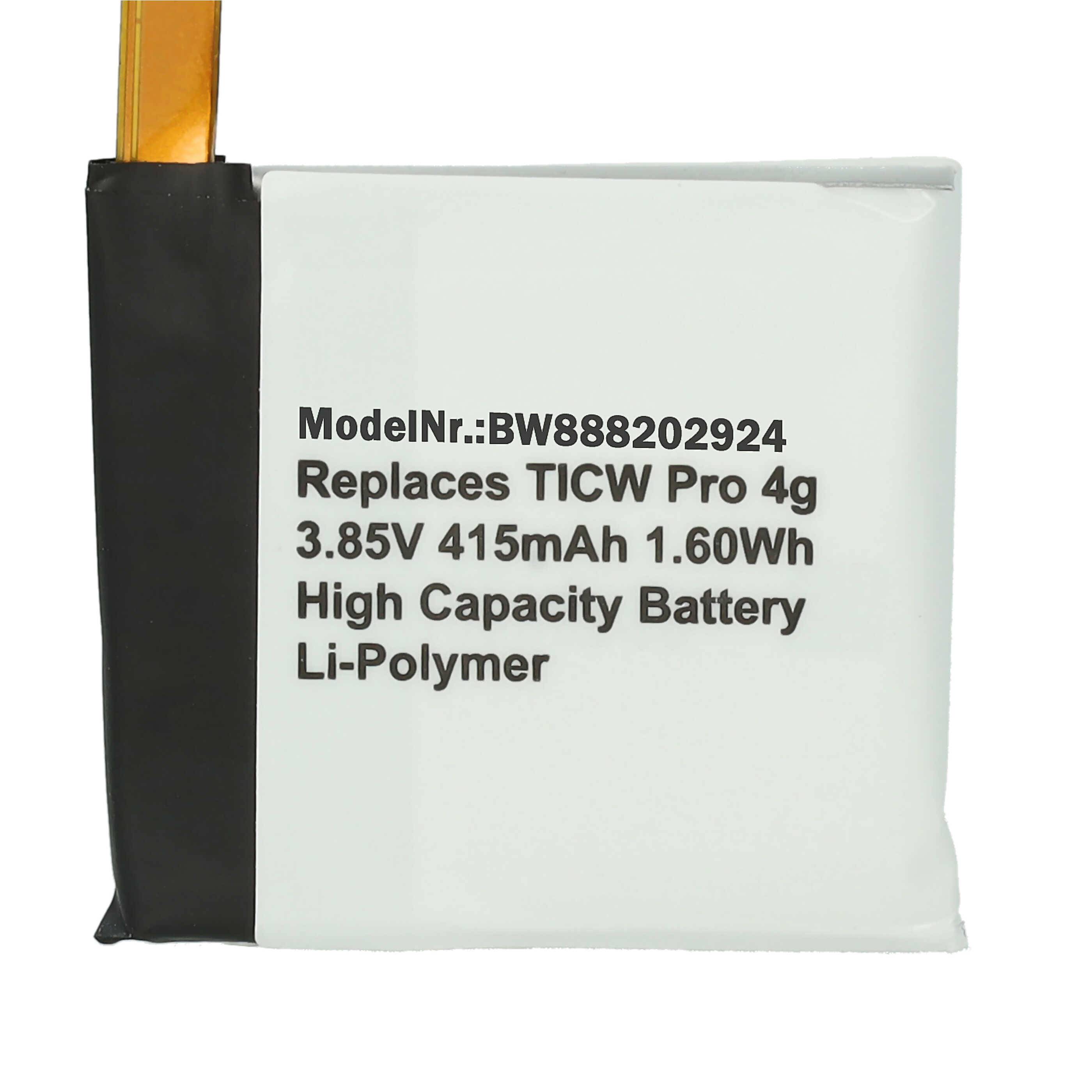 Ein Ersatzakku mit der Bezeichnung 'ModelNr.: BW888202924' für TICW Pro 4g, 3,85V, 415mAh, 1,60Wh, hohe Kapazität, Li-Polymer-Typ.