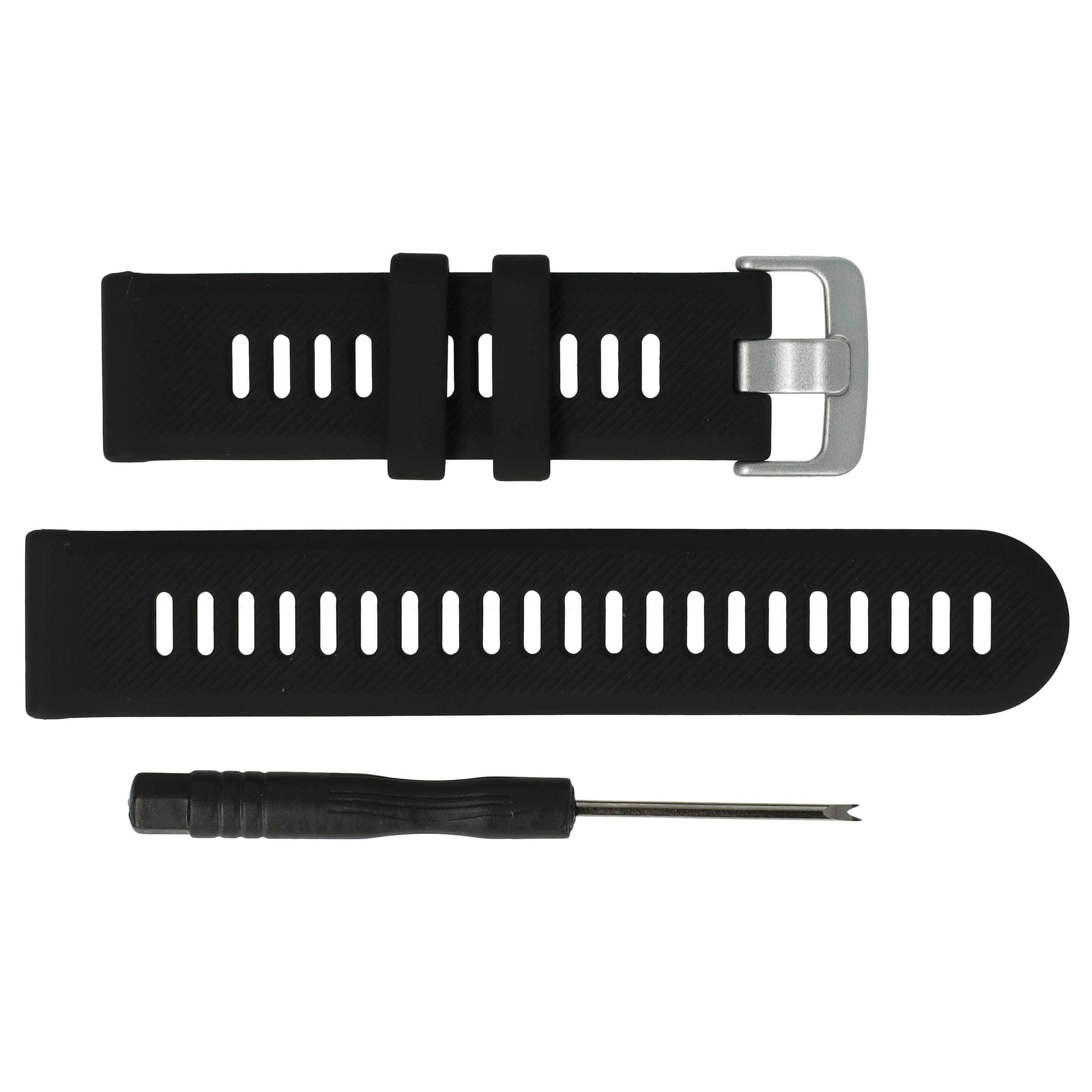 Schwarzes Uhrenarmband und Schraubendreher separat angezeigt, das Armband verfügt über mehrere Löcher zur Verstellbarkeit, Schraubendreher zur Befestigung.