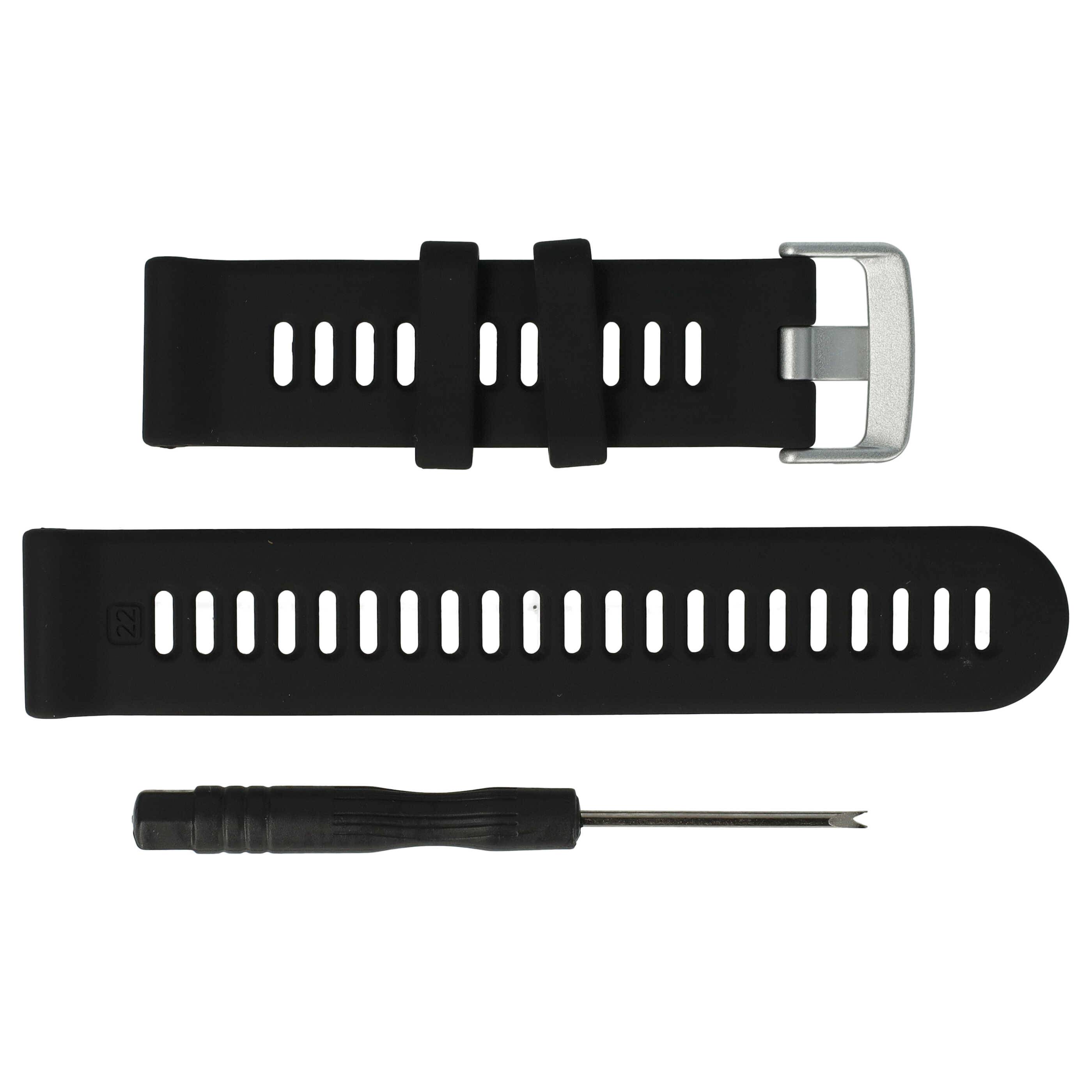 „Schwarzes Silikon-Uhrenarmband mit Edelstahlschnalle, zusammen mit einem kleinen Schraubendreher dargestellt. Das Armband verfügt über mehrere Einstellungslöcher.