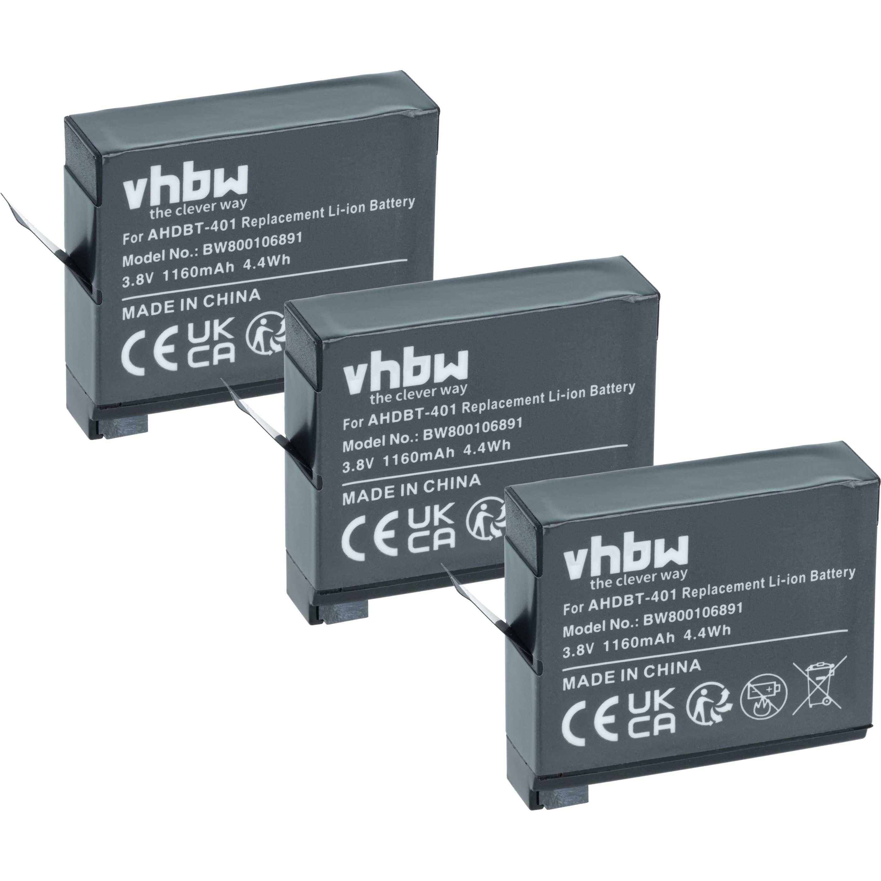 Drei vhbw wiederaufladbare Li-Ionen-Batterien mit Modellnummer ABDET-401, 3,8V, 1160mAh, 4,4Wh. Hergestellt in China.