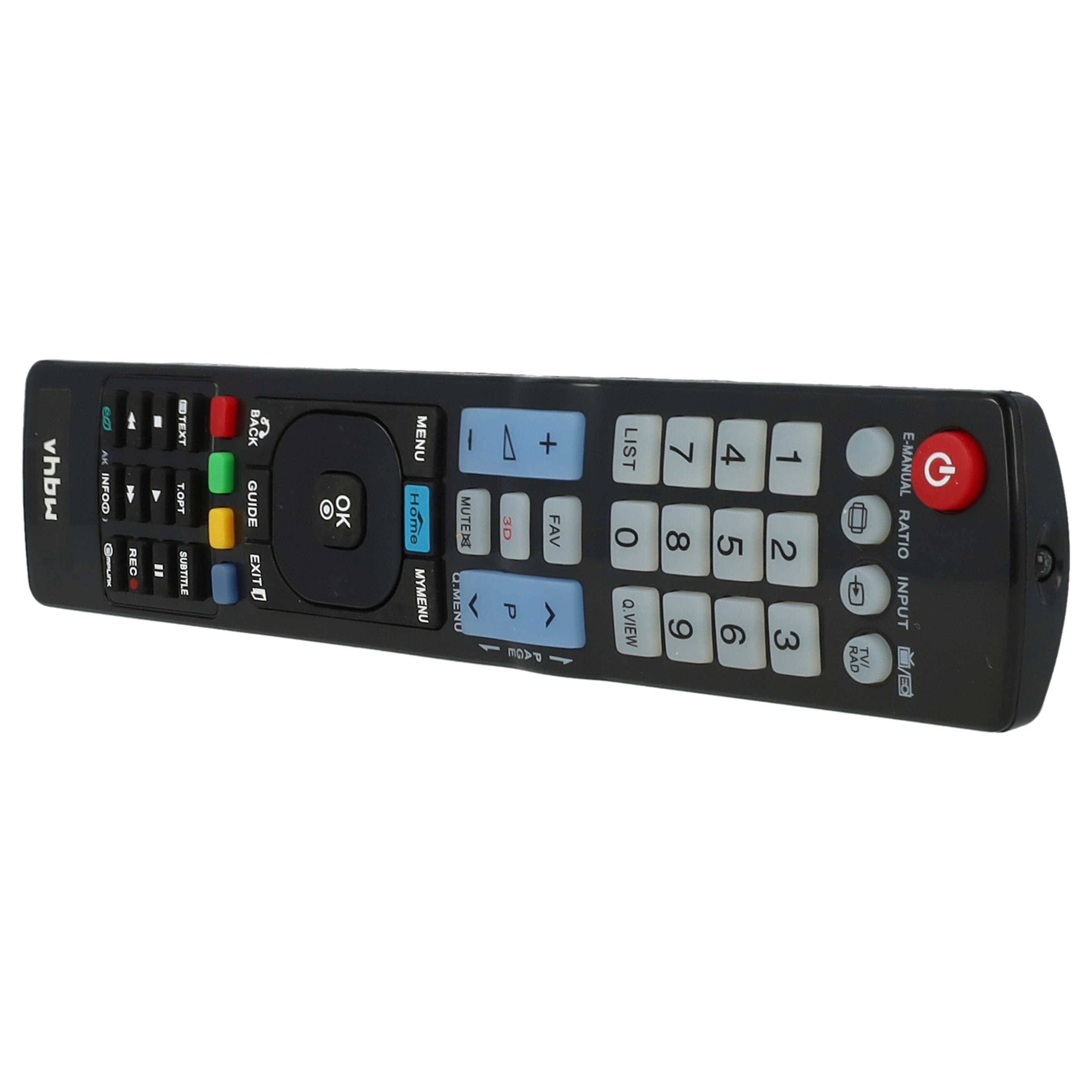 Eine schwarze Fernbedienung mit numerischer Tastatur, Richtungstasten und rotem Ein-/Ausschalter, verwendet zum Bedienen elektronischer Geräte.