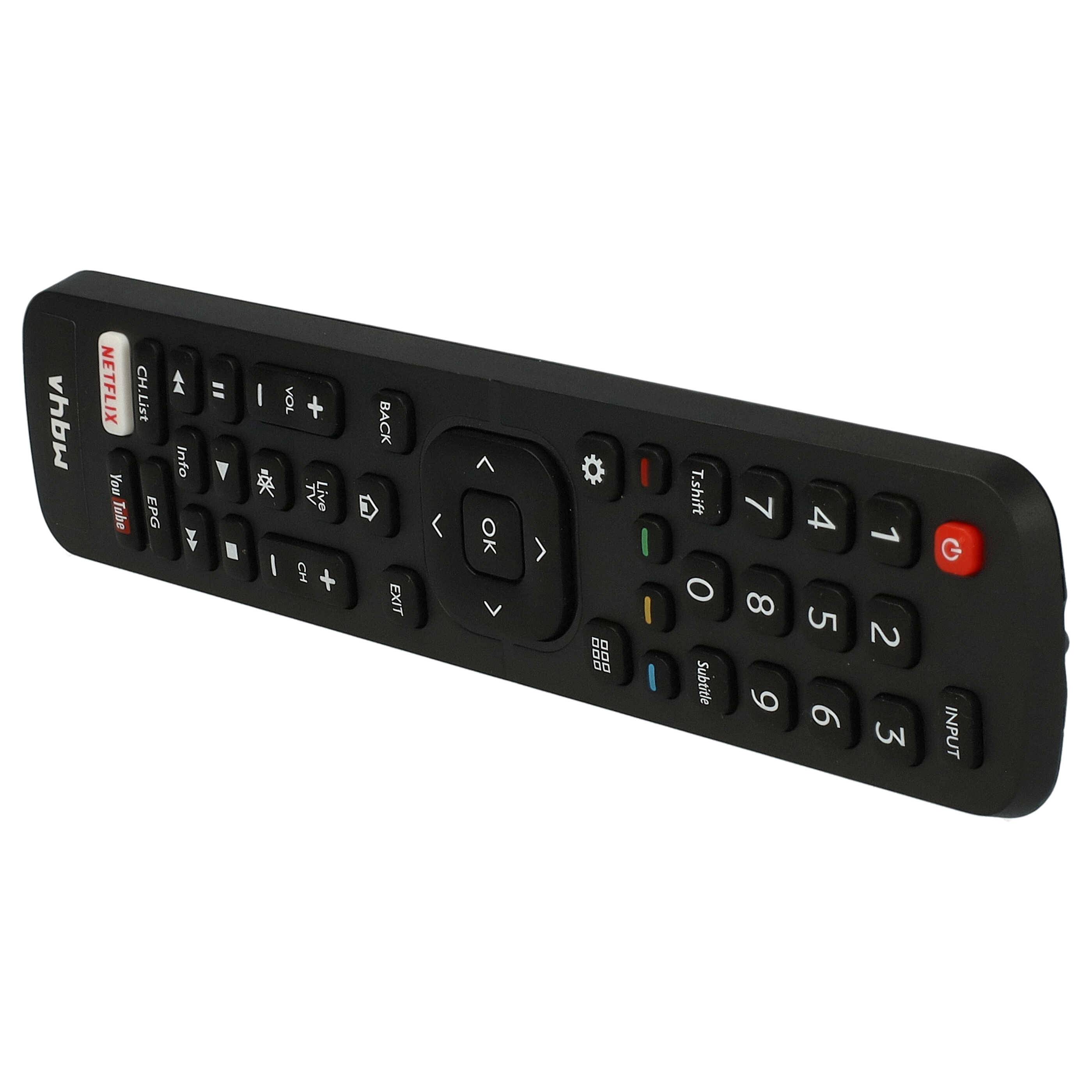 Eine schwarze Fernbedienung für den Fernseher mit numerischer Tastatur, Lautstärke- und Sendertasten und speziellen Tasten für „Netflix