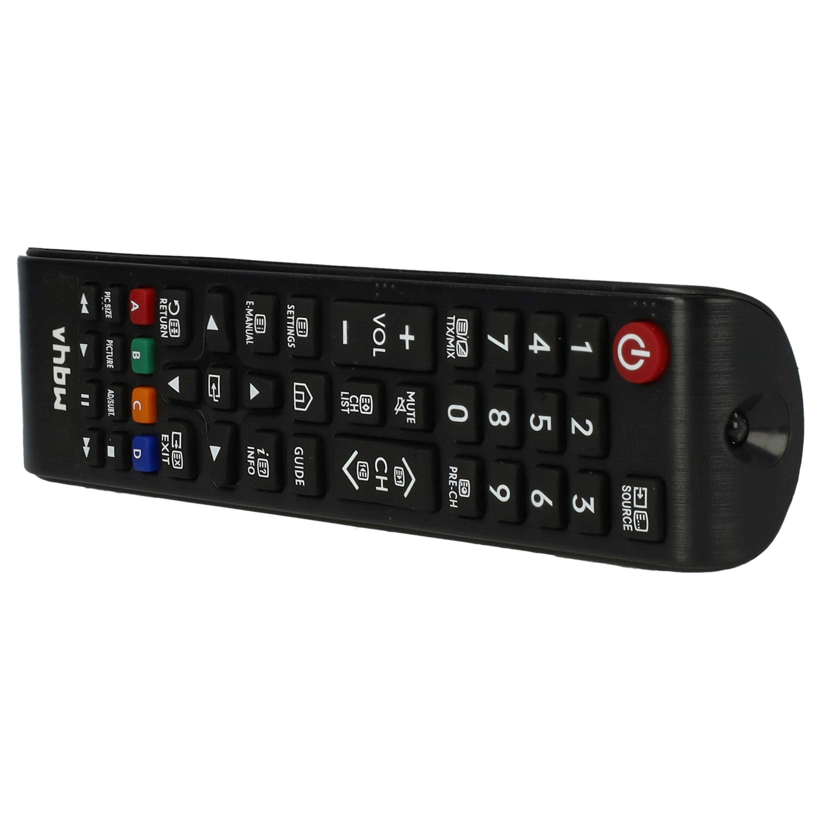 Eine schwarze Fernbedienung für den Fernseher mit Tasten für Stromversorgung, Lautstärke, Kanäle, Zahlen und farbigen Tasten zur Menünavigation.