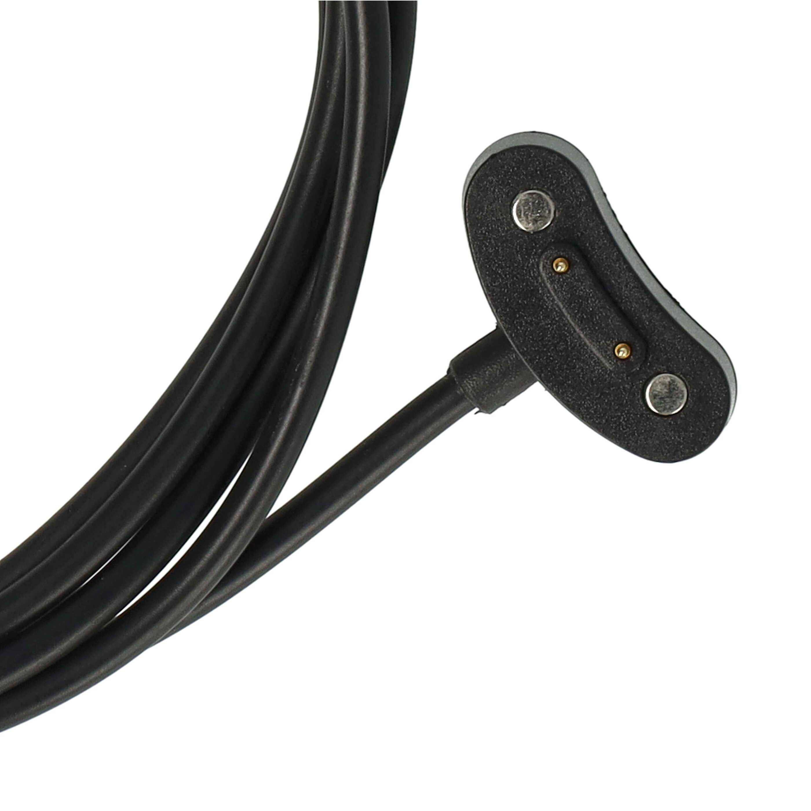 Ein gekrümmtes schwarzes Kabel mit einem Stecker, der zwei Metallstifte aufweist, typischerweise zum Aufladen von Smartwatches oder ähnlichen Geräten verwendet.
