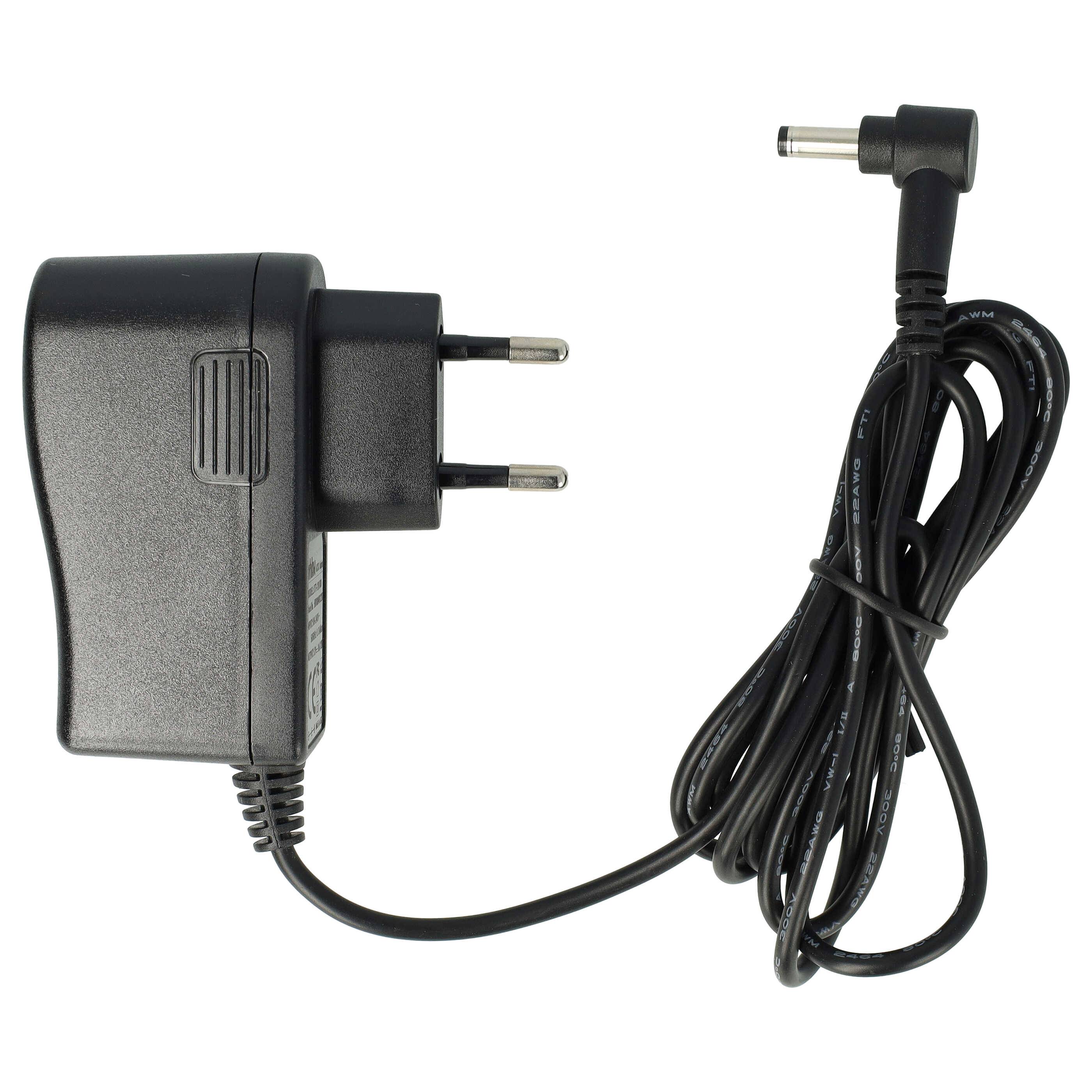 Ein schwarzer Stromadapter mit europäischem Stecker und einem Spiralkabel mit Hohlsteckverbinder am Ende.