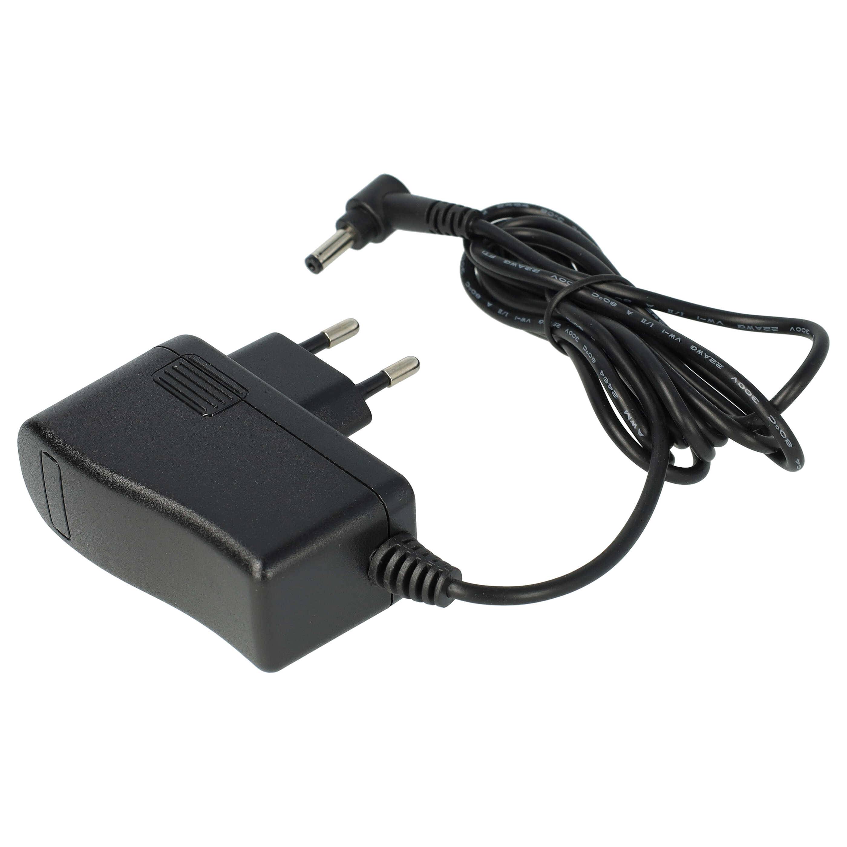 Ein schwarzer Stromadapter mit einem zweipoligen Stecker und einem langen angebrachten Kabel, zum Anschließen von elektronischen Geräten an eine Steckdose.