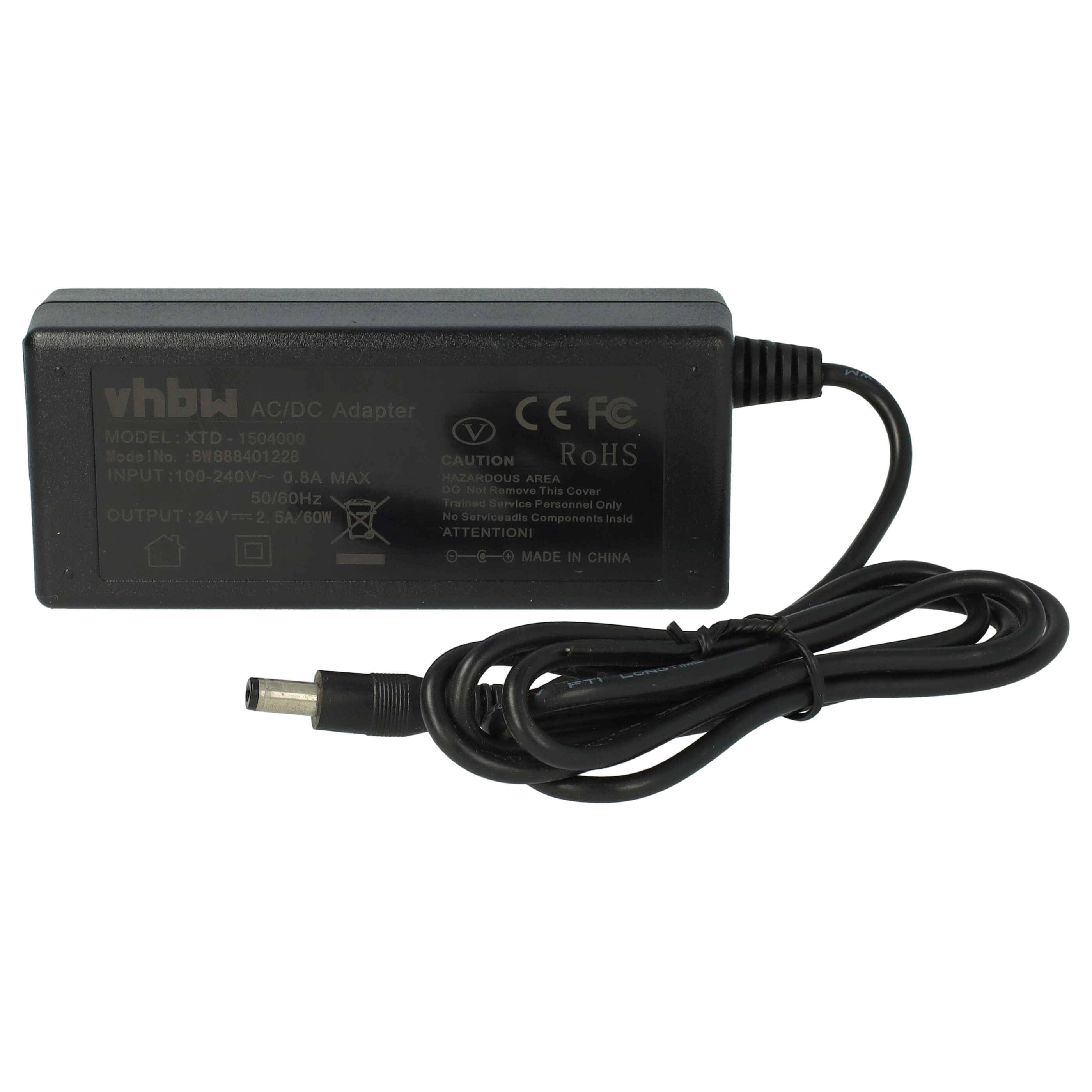 Schwarzer AC/DC-Adapter mit Kabel. Das Etikett enthält Herstellernamen und elektrische Spezifikationen. Geeignet für verschiedene elektronische Geräte.