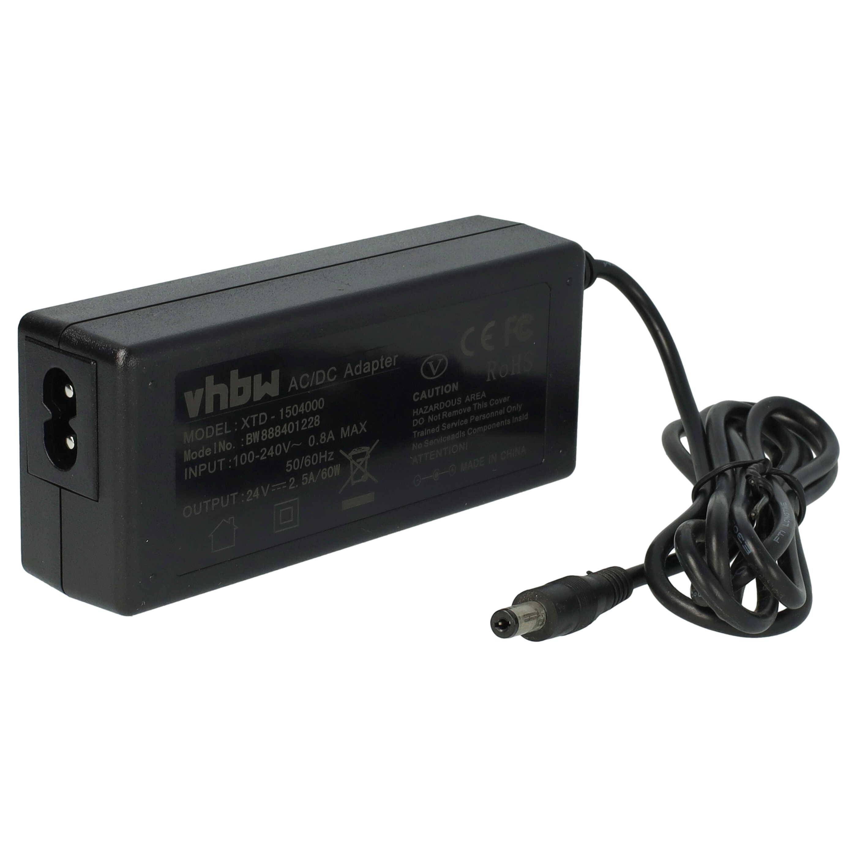 Ein schwarzer AC/DC-Adapter mit Stecker und Kabel. Das Etikett zeigt die Modellnummer XTD-160620, Eingang 100-240V, Ausgang 12V/2A, von VHBW.