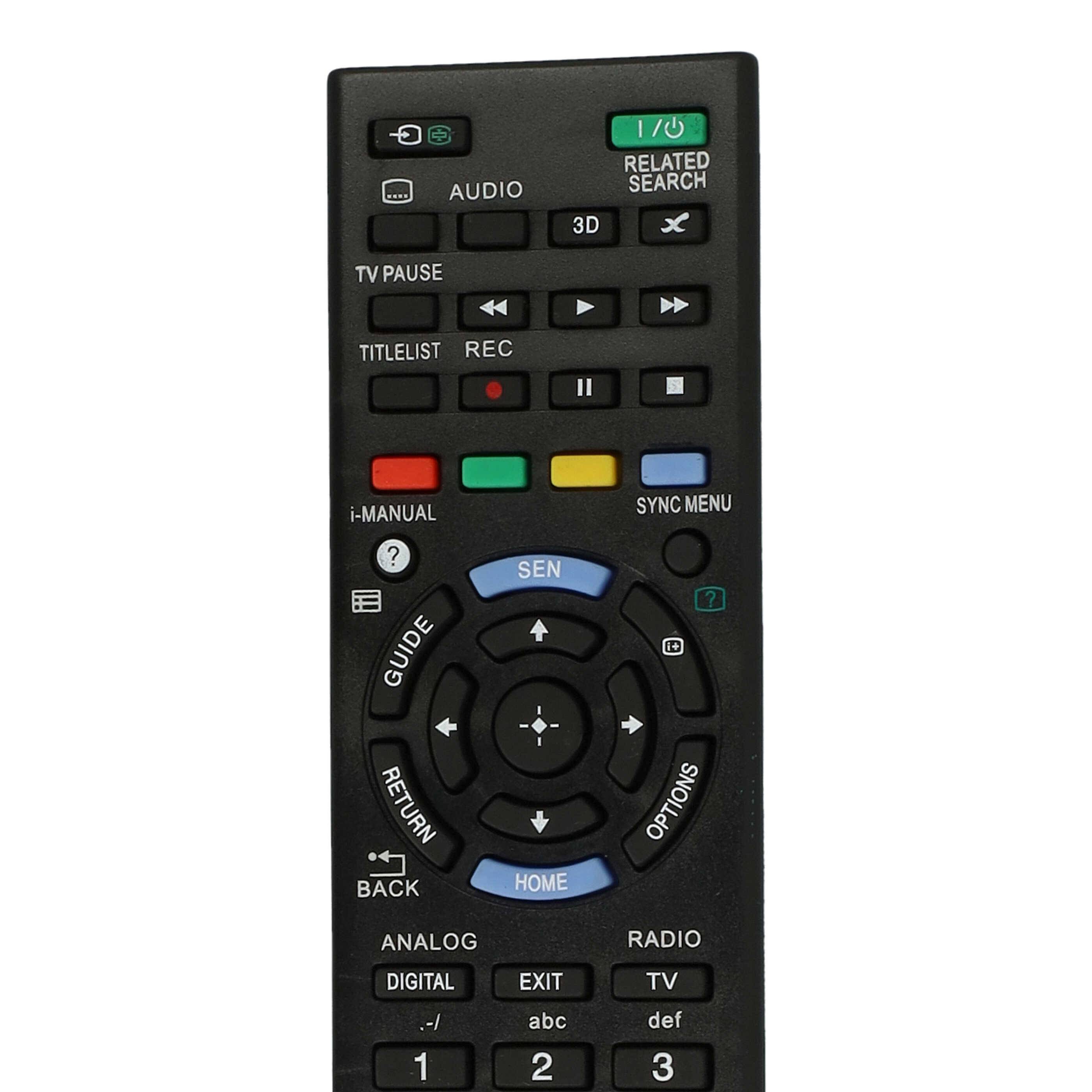 Fernbedienung mit verschiedenen Tasten für Audio-, Video- und Wiedergabefunktionen, einschließlich Lautstärke-, Kanal- und Menünavigationssteuerelementen.