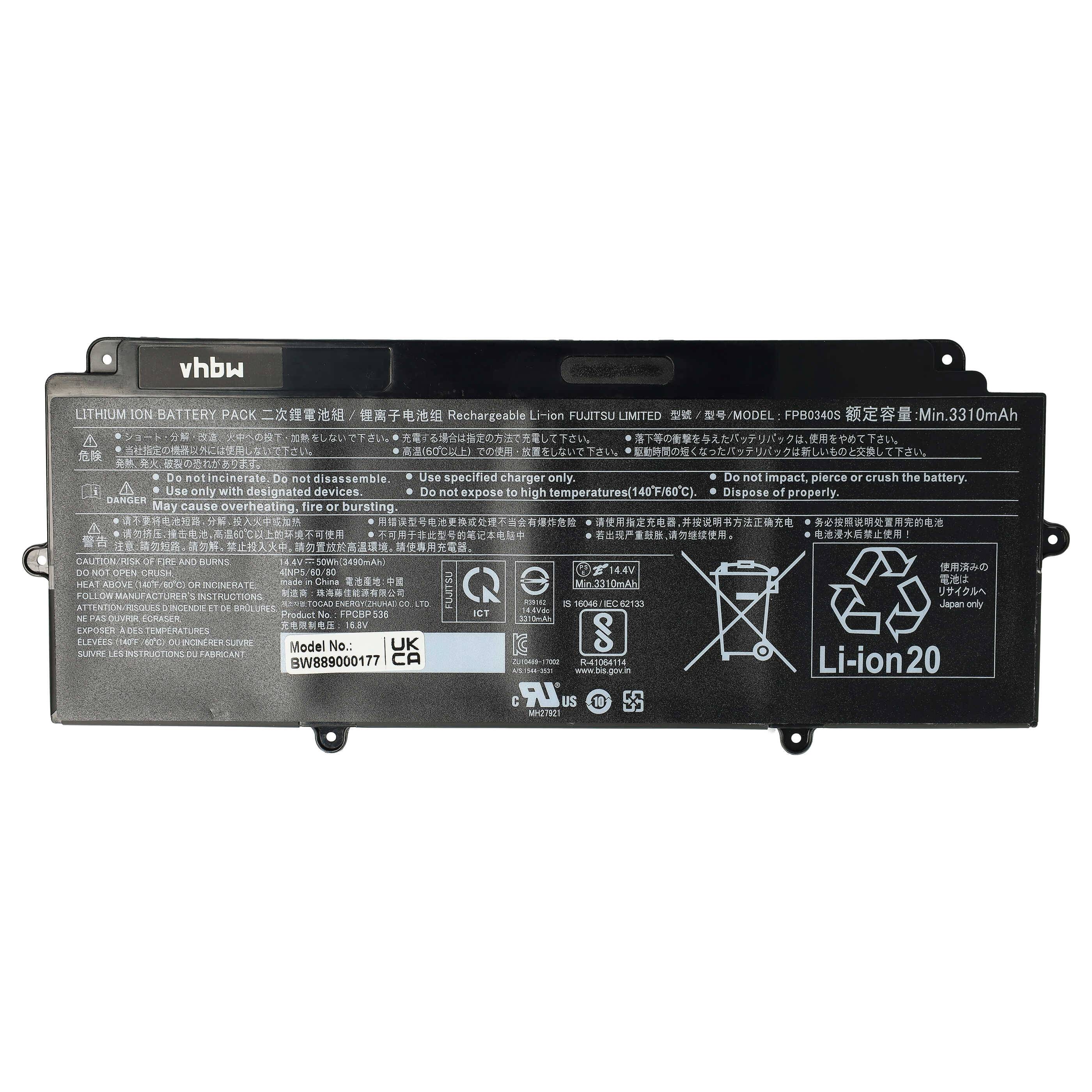 vhbw Akku Ersatz für Fujitsu FPB0340S, FPCBP536 für Notebook (3490 mAh, 14,4 V, Li-Ion)