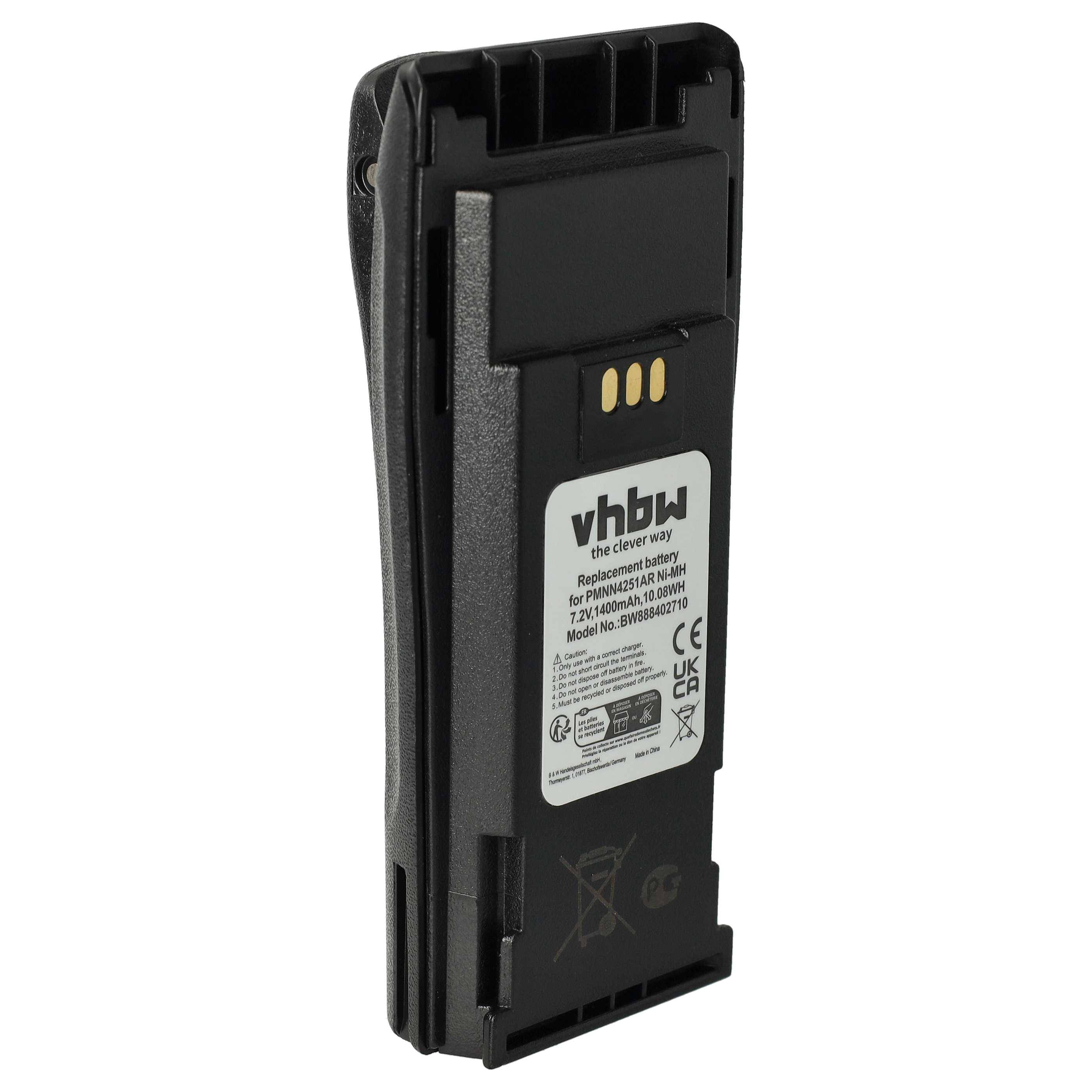 vhbw Akku kompatibel mit Motorola CP180, CP170, CP160, CP150, CP140, CP040 Funkgerät, Walkie Talkie (1400 mAh, 7,2 V, NiMH) + Gürtelclip