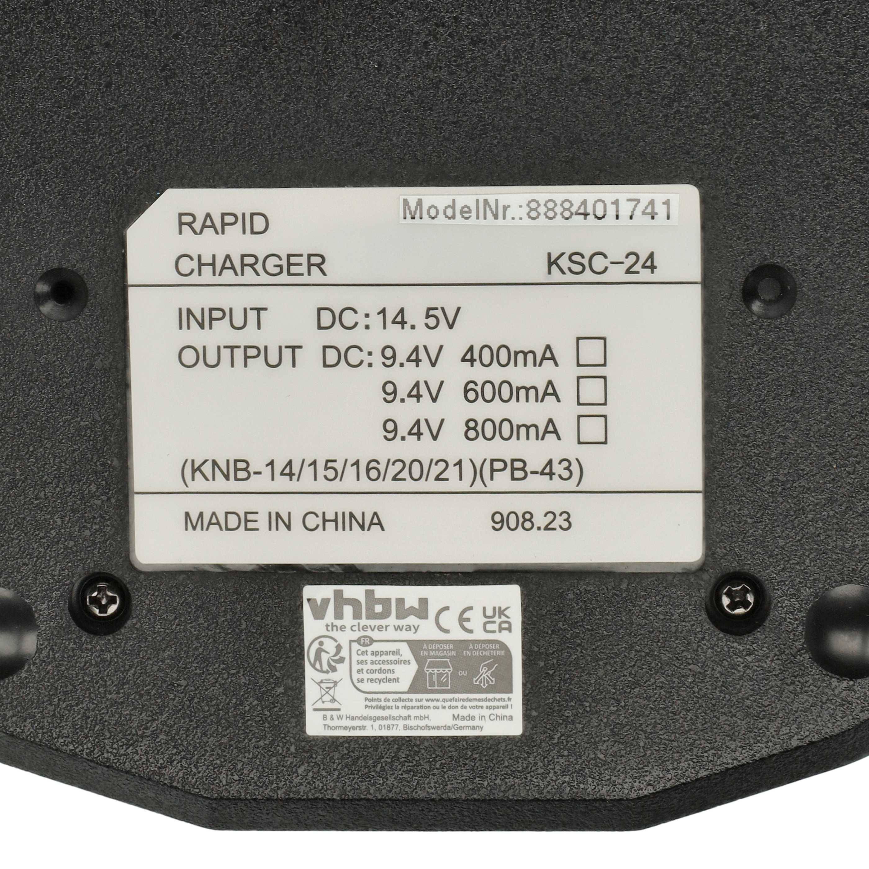 Etikett auf einem Schnelllader Modell KSC-24 mit Eingangsspannung DC 14,5V und Ausgangsspannungsoptionen: 9,4V 400mA, 9,4V 600mA, 9,4V 800mA. Hergestellt in China.