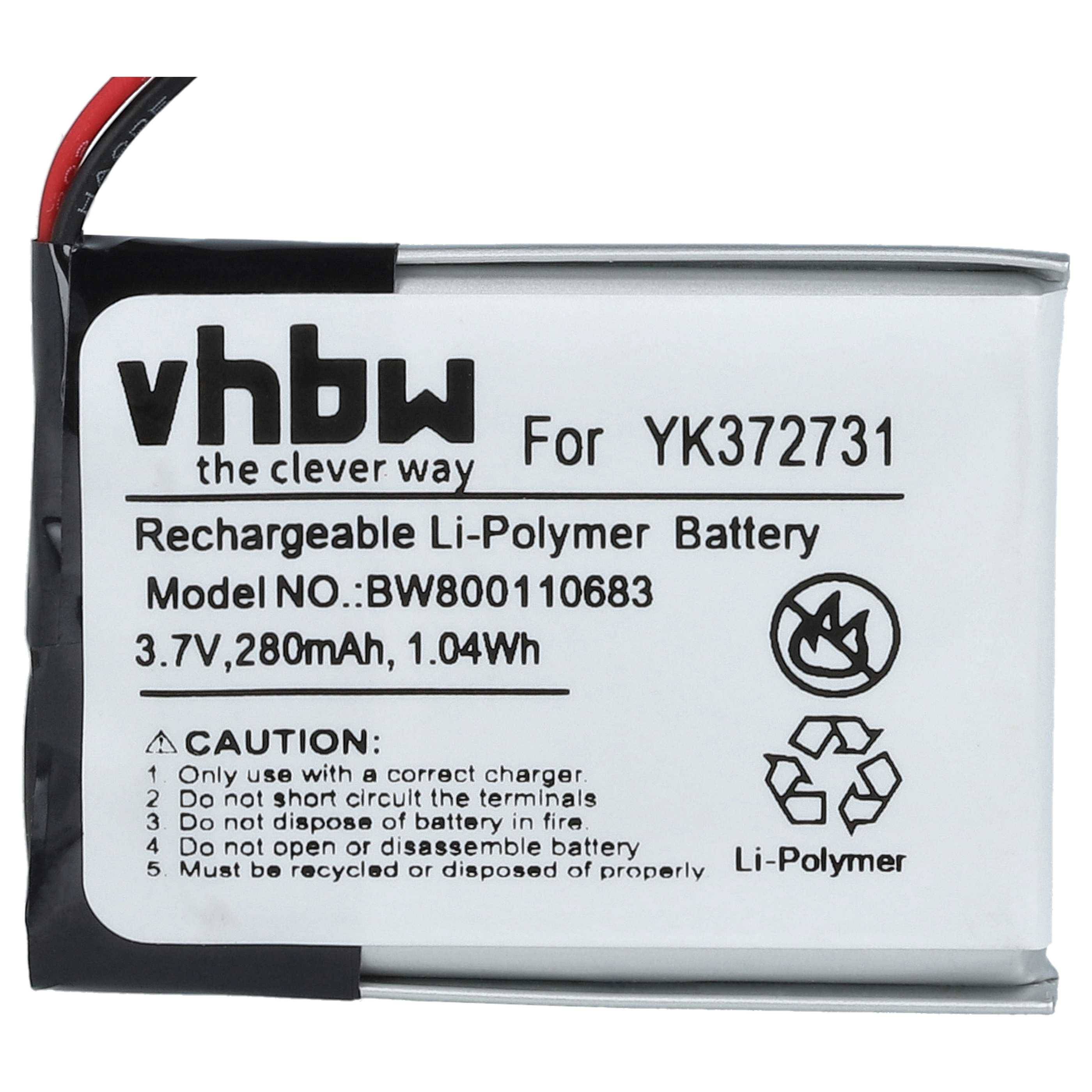 Wiederaufladbare Li-Polymer-Batterie, Modell BW800110683, 3,7V, 280mAh. Sicherheitssymbole enthalten Recycling, nicht ins Feuer werfen und korrektes Ladegerät verwenden.
