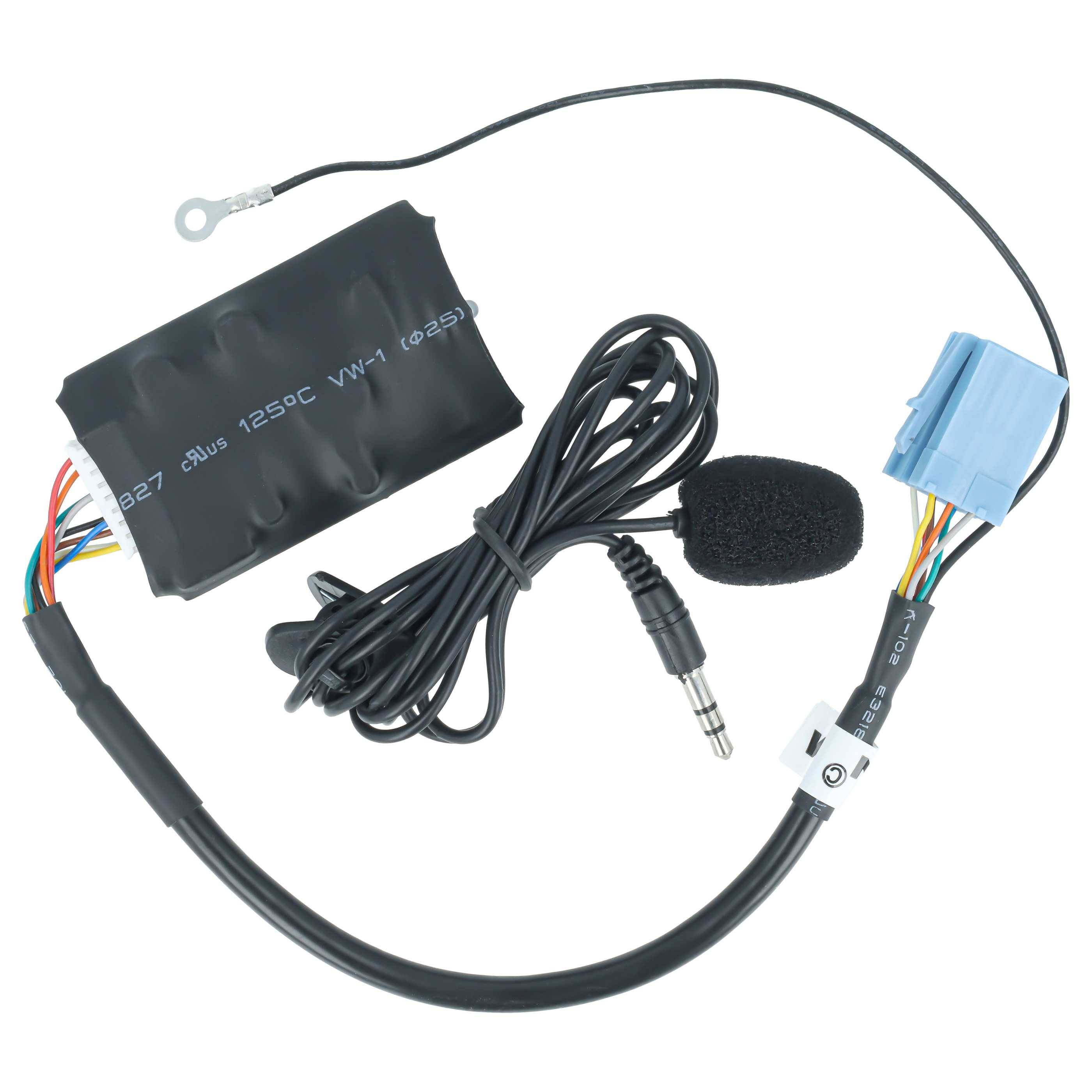 Ein verdrahtetes Mikrofon-Set mit Schaumstoff-Windschutz, 3,5-mm-Stecker, isoliertem Modul und blauem Anschluss für Fahrzeug- oder Audioinstallation.