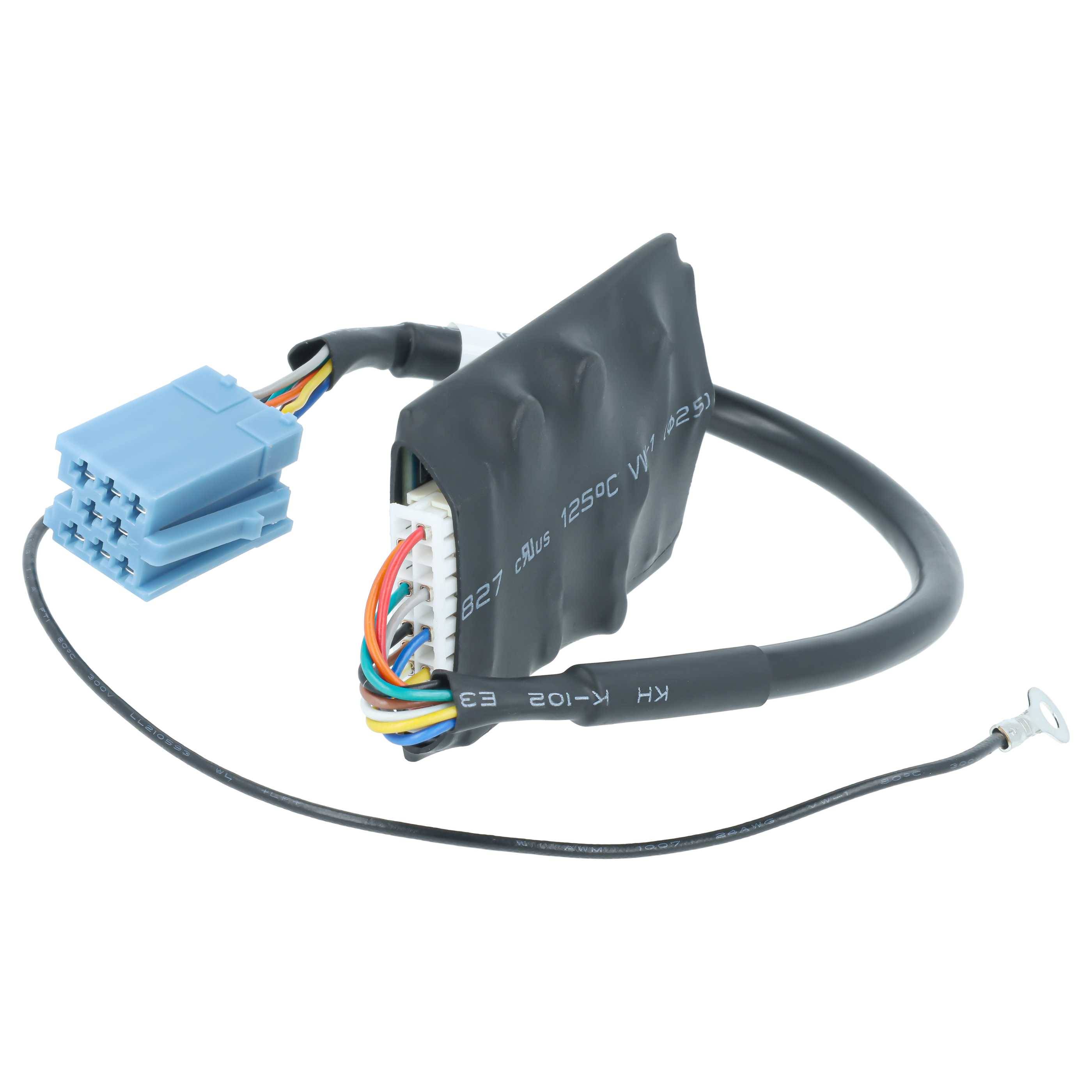 Mehraderiges elektrisches Verdrahtungsharness mit blauem Stecker und schwarzer Schutzmanschette, dargestellt auf weißem Hintergrund.