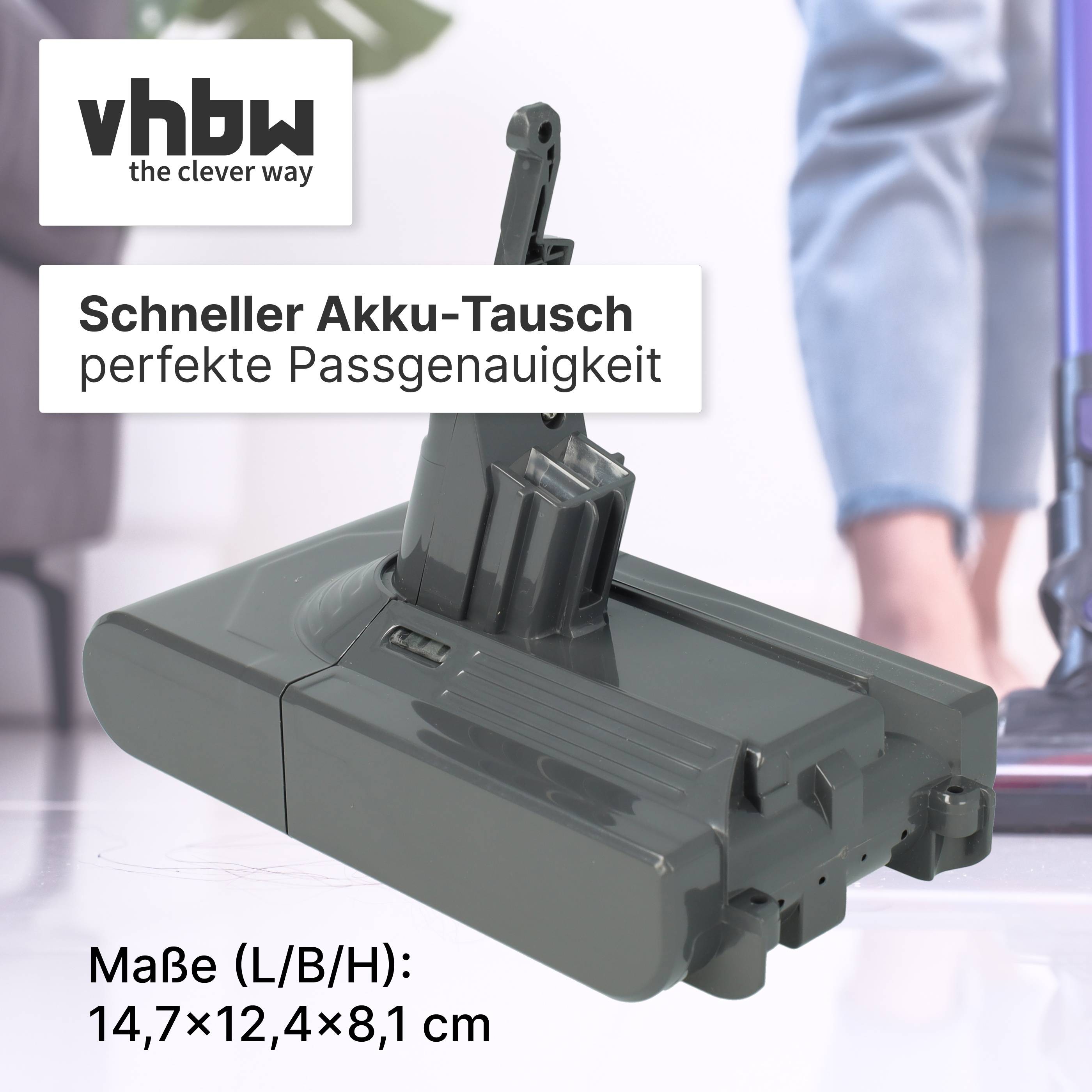 vhbw Akku mit schnellem Austausch und perfekter Passform; Abmessungen 14,7 x 12,4 x 8,1 cm; Produkt gezeigt mit „vhbw the clever way" Branding