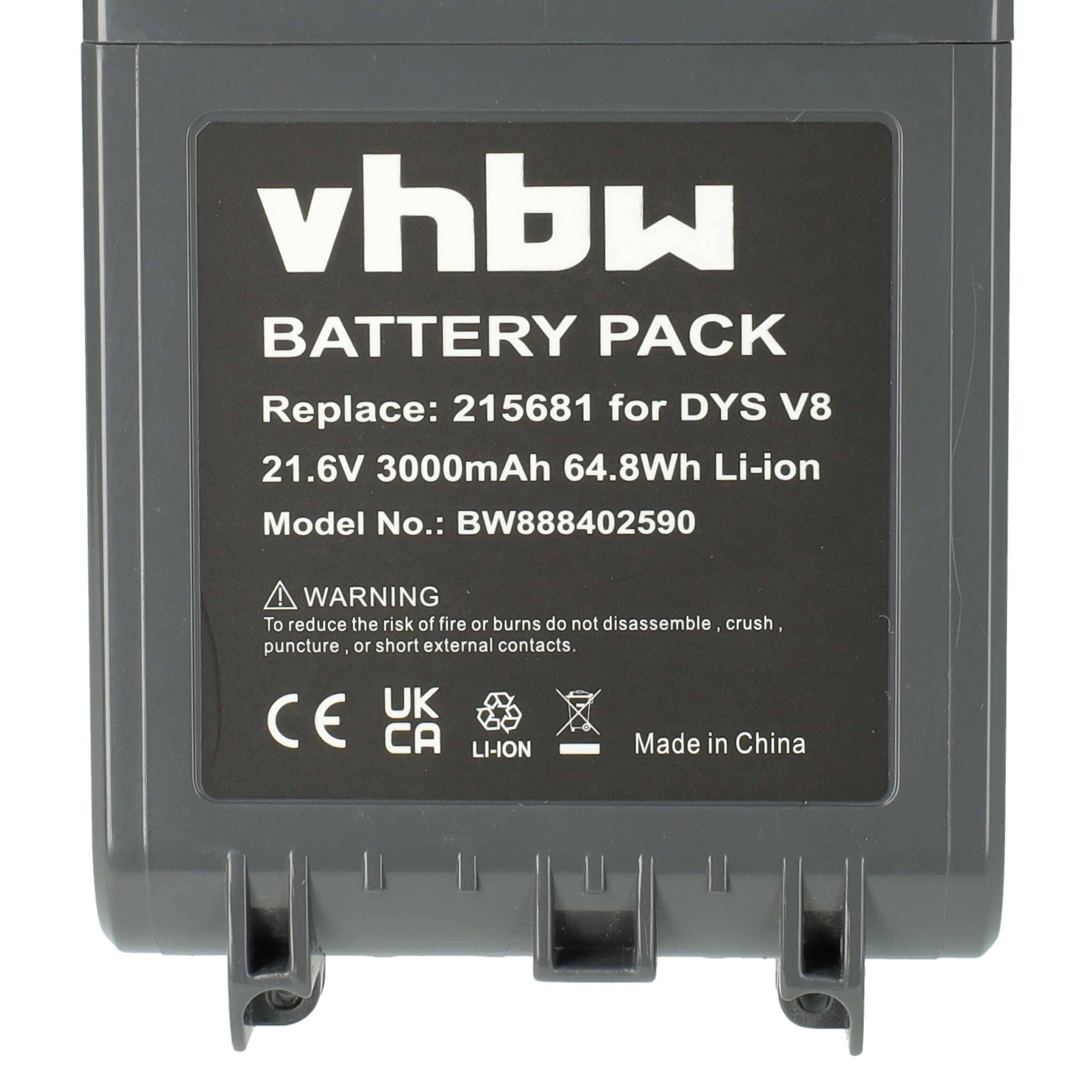 vhbw Akku kompatibel mit Dyson SV10, V8, V8 Absolute Cord-Free, SV12, V8 Animal, V8 Absolute Staubsauger Grau (3000 mAh, 21,6 V, Li-Ion)