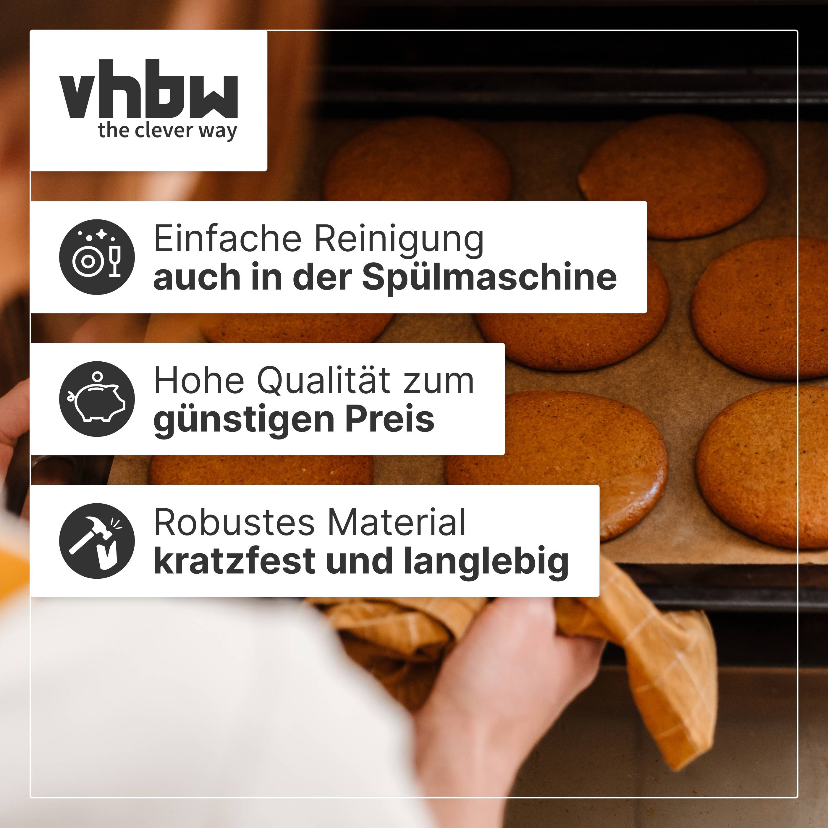 Werbeabbildung von vhbw Backblechen mit deutschen Aussagen: leicht zu reinigen, spülmaschinenfest, hochwertig, kratzfest und langlebig.