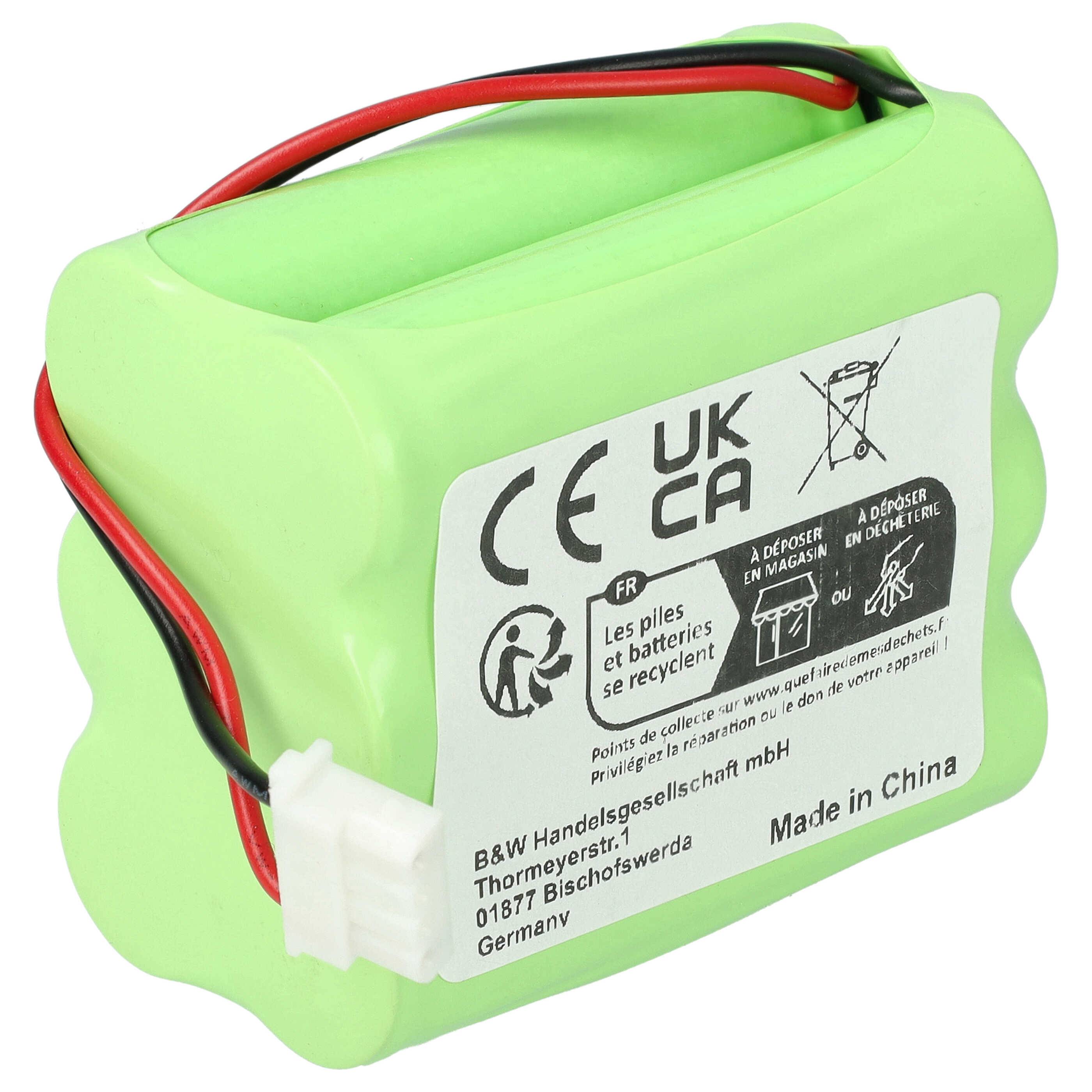 Grünes Batteriepaket mit Etikett, das die Zeichen „CE