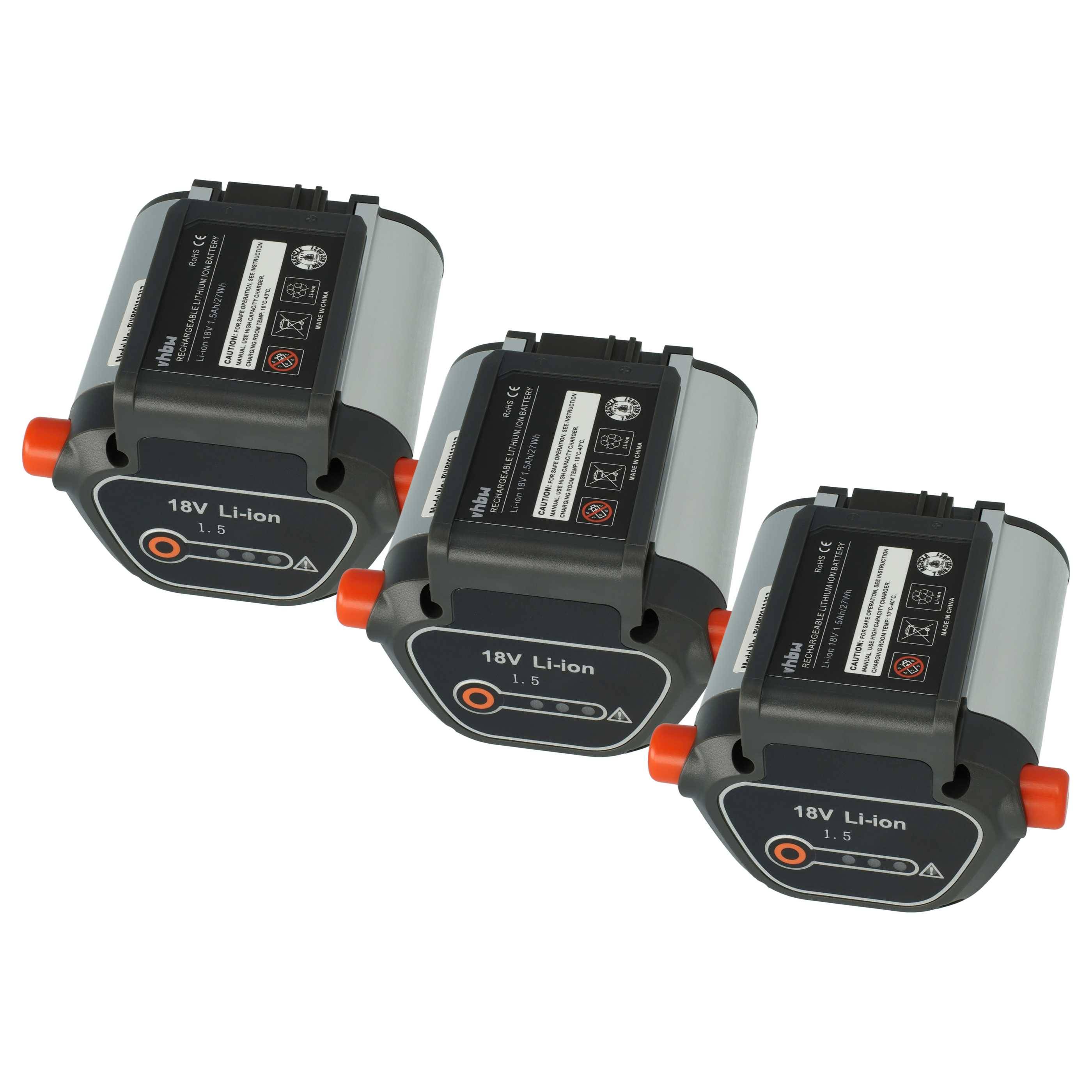 vhbw 3x Akku kompatibel mit Gardena TCS Li-18/20 (8866-20), PowerMax Li-18/32 5039-20 Rasenmäher Grasschere, Strauchschere (1500mAh 18V Li-Ion)