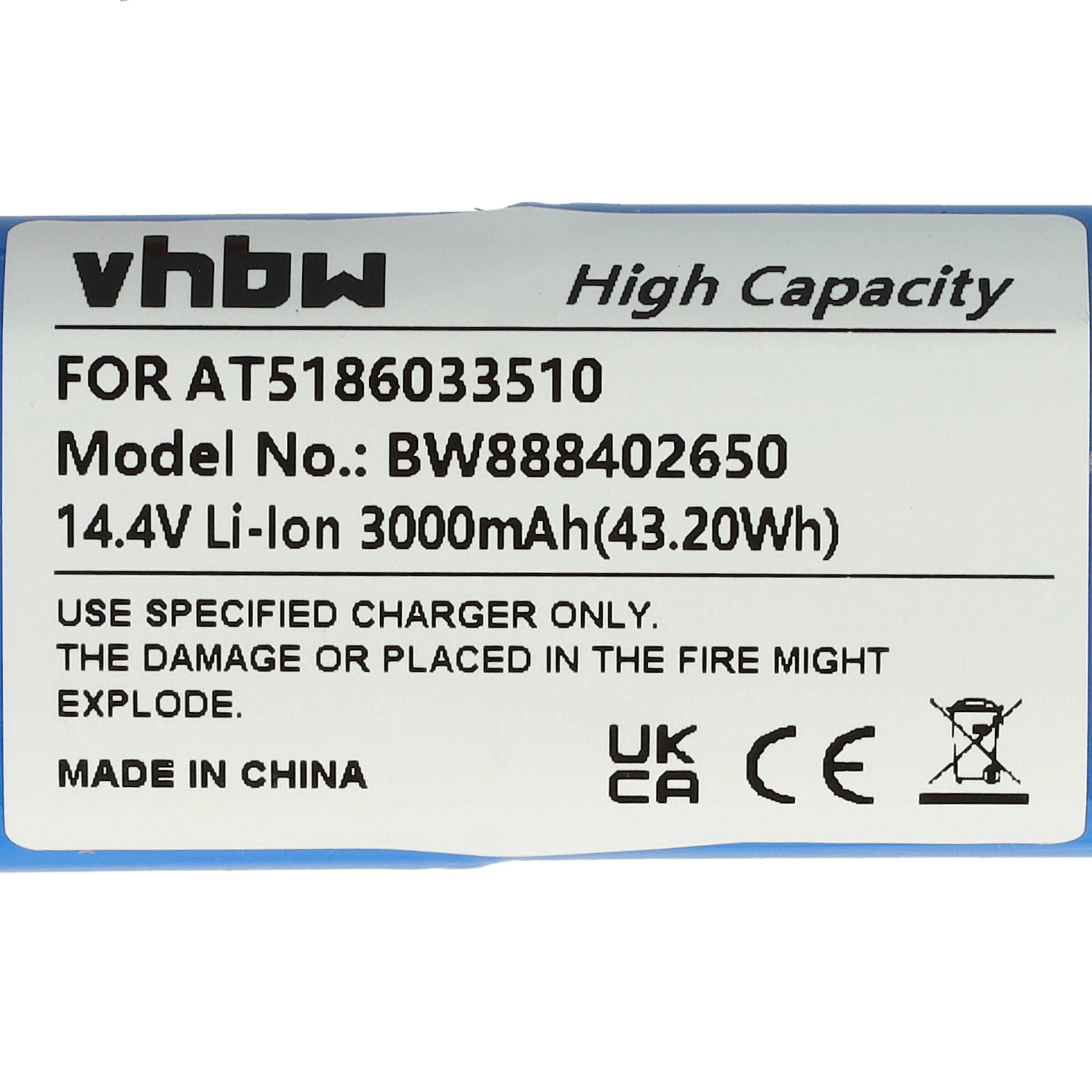 vhbw Akku Ersatz für Ariete AT5186033510 für Staubsauger (3000mAh, 14,4V, Li-Ion)