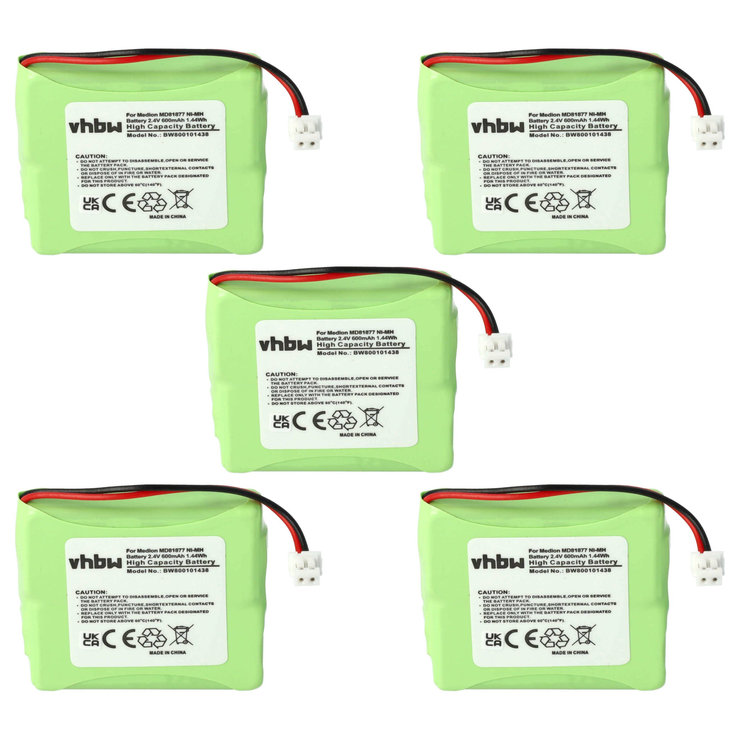 vhbw 5x Akku Ersatz für 5M702BMX, GP0827, GP0845, GPHP70-R05 für schnurlos Festnetz Telefon (600mAh, 2,4V, NiMH)
