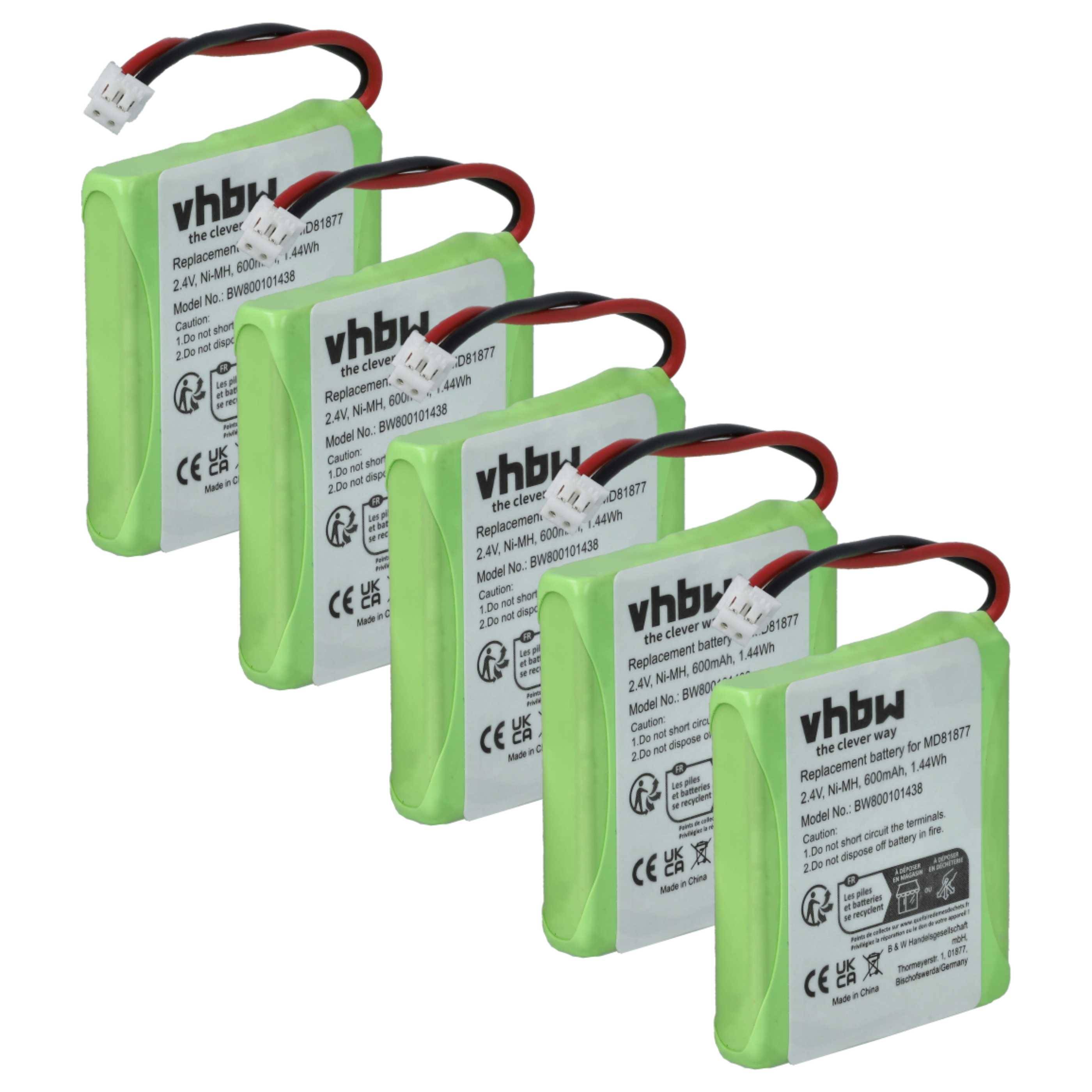 vhbw 5x Akku kompatibel mit VTech VT2020, VT1100 schnurlos Festnetz Telefon (600 mAh, 2,4 V, NiMH)