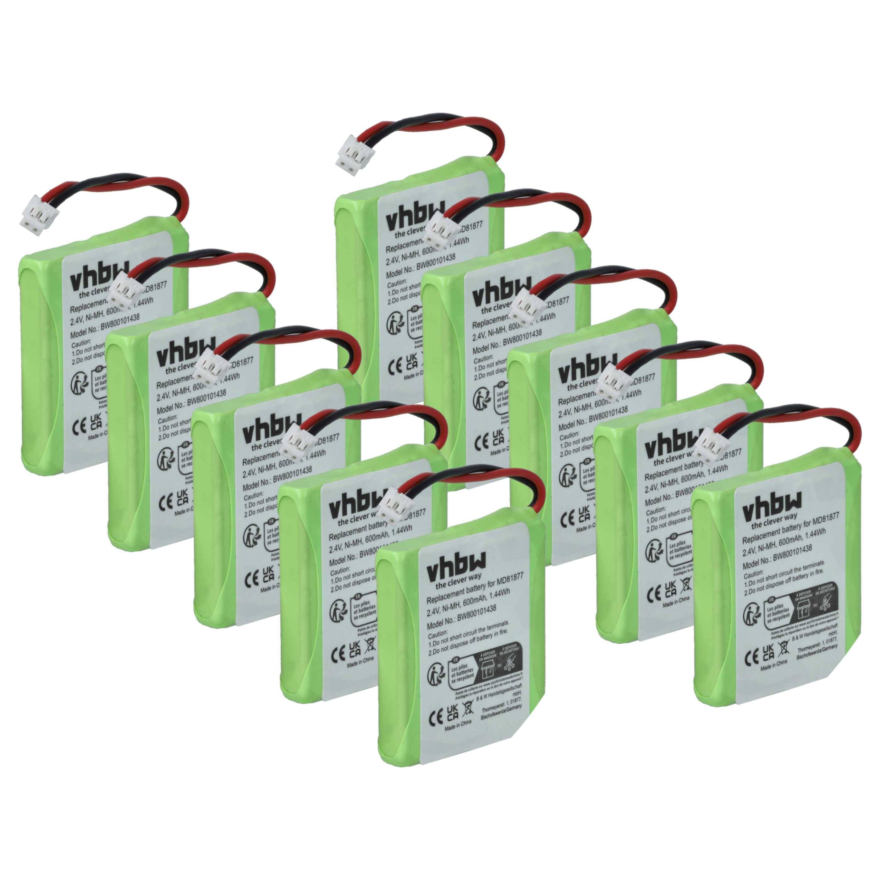 vhbw 10x Akku kompatibel mit Medion S63008, MD83877 schnurlos Festnetz Telefon (600 mAh, 2,4 V, NiMH)