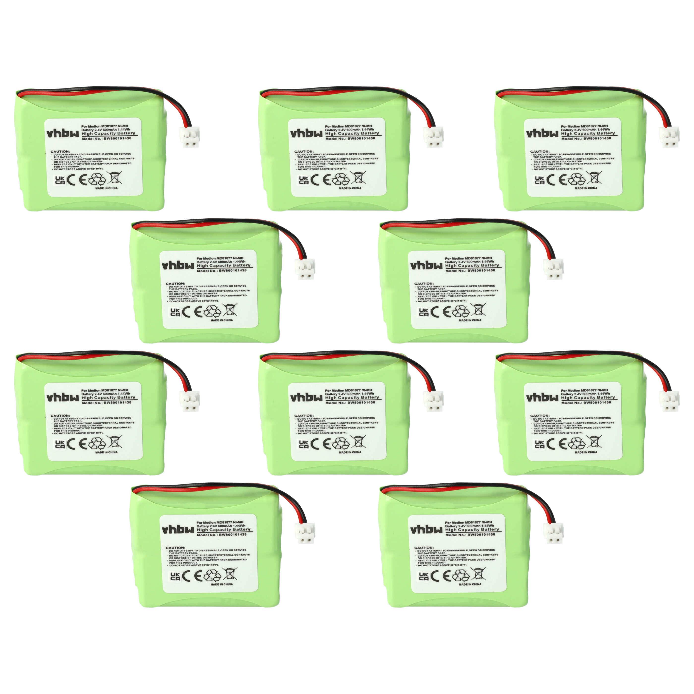 vhbw 10x Akku Ersatz für 5M702BMX, GP0827, GP0845, GPHP70-R05 für schnurlos Festnetz Telefon (600mAh, 2,4V, NiMH)