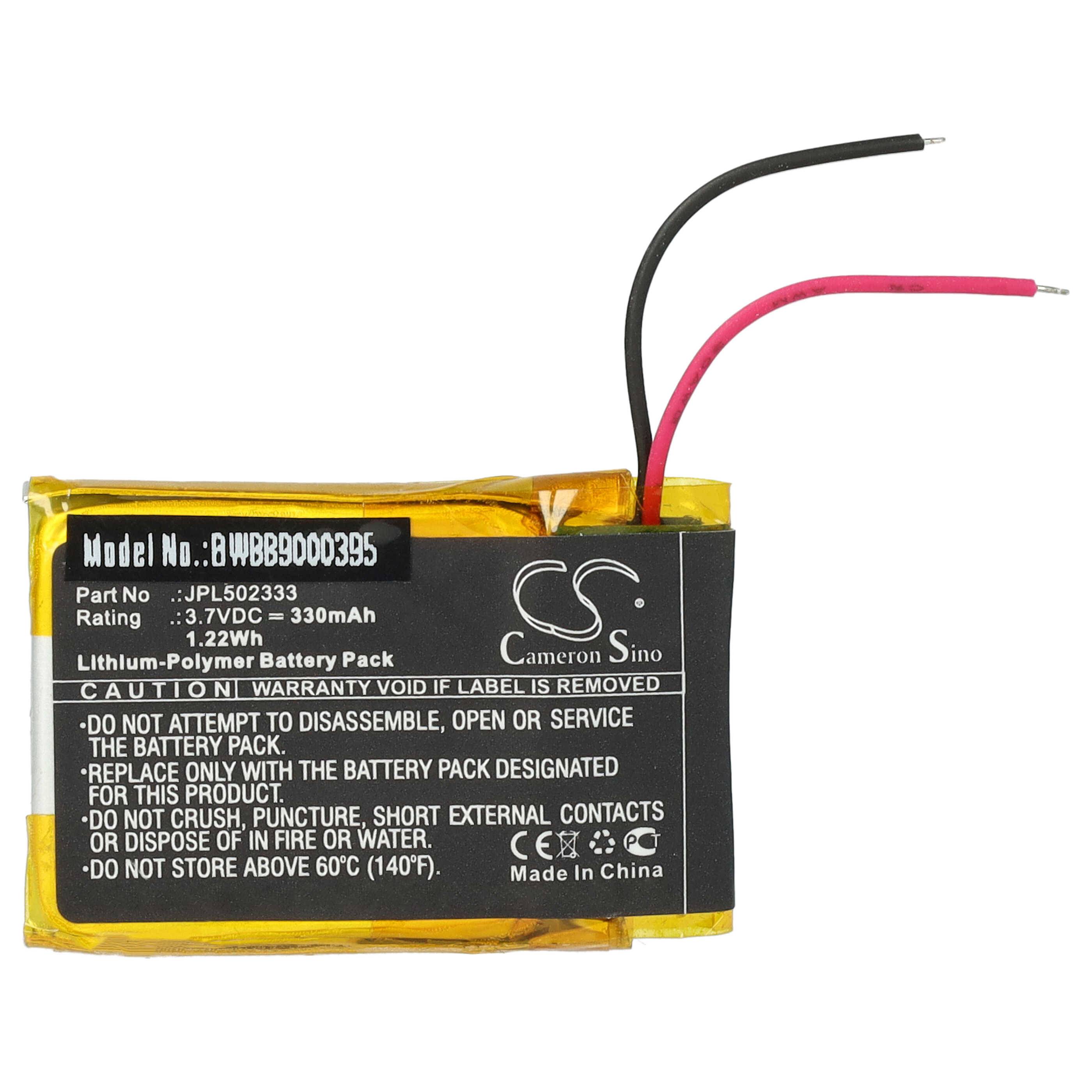 Batterie mit Kabeln, Modell-Nr.: WBBDB000335, bewertet mit 3,7V, 330mAh, 1,22Wh. Warnung: Nicht zerlegen, nur durch den gleichen Typ ersetzen.