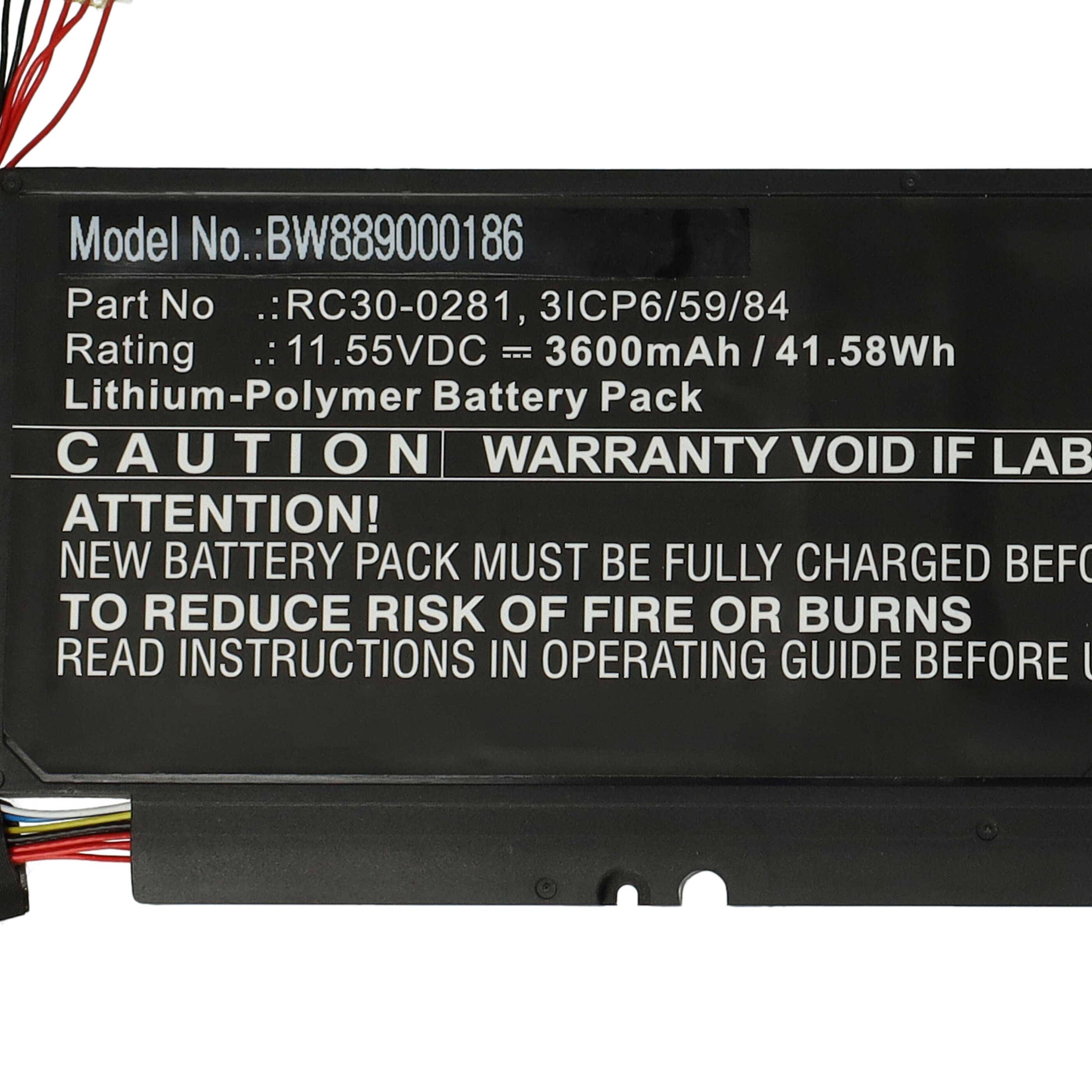 Batteriepaketbezeichnung mit Modell BW839000106, Teilenummer 11,55VDC, 41,58Wh. Warnung: Vor Gebrauch aufladen, Feuer-/Brandgefahr vermeiden.