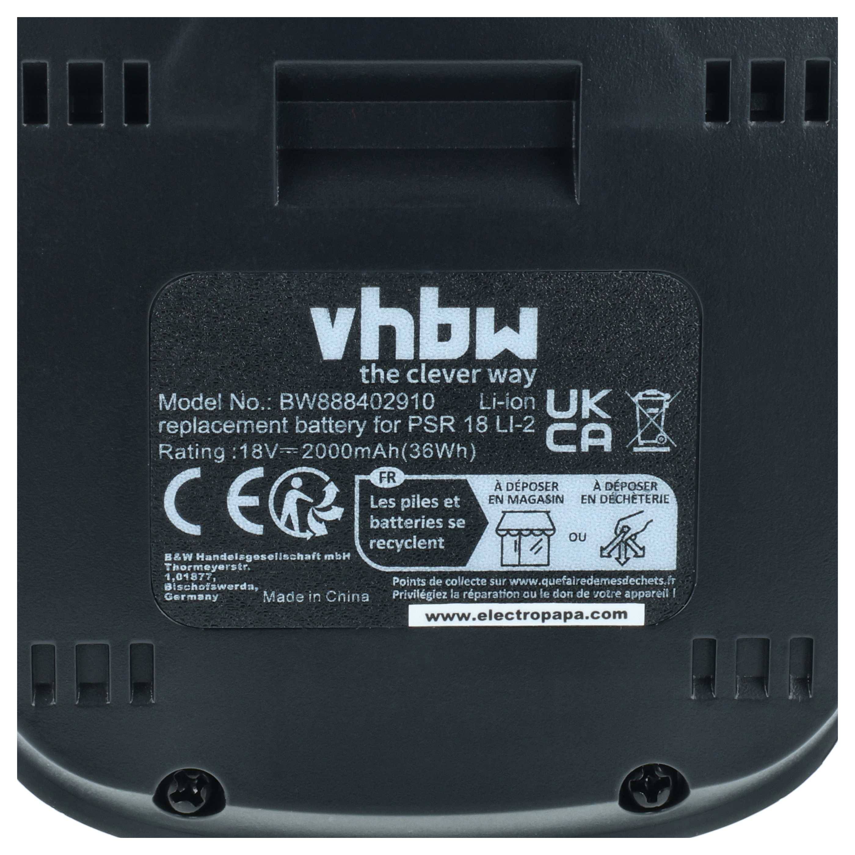 Unterseite eines vhbw Lithium-Ionen-Ersatzakkupacks mit Bezeichnung für Bosch PSR 18 LI-2, 18V 2000mAh.