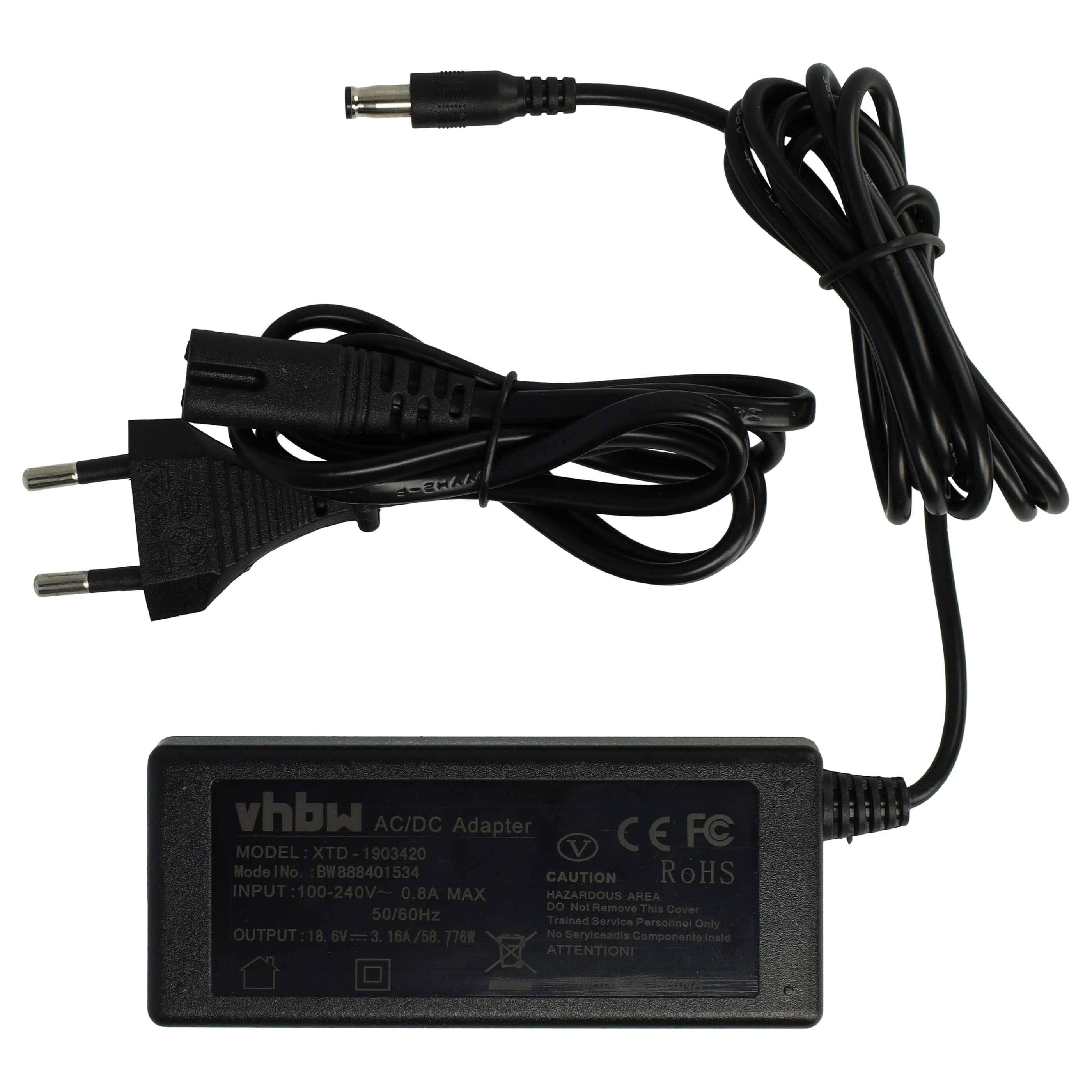Schwarzes AC/DC-Netzteil mit europäischem Stecker, Kabel und Steckerkontakt. Der Text auf dem Netzteil lautet „vhbw