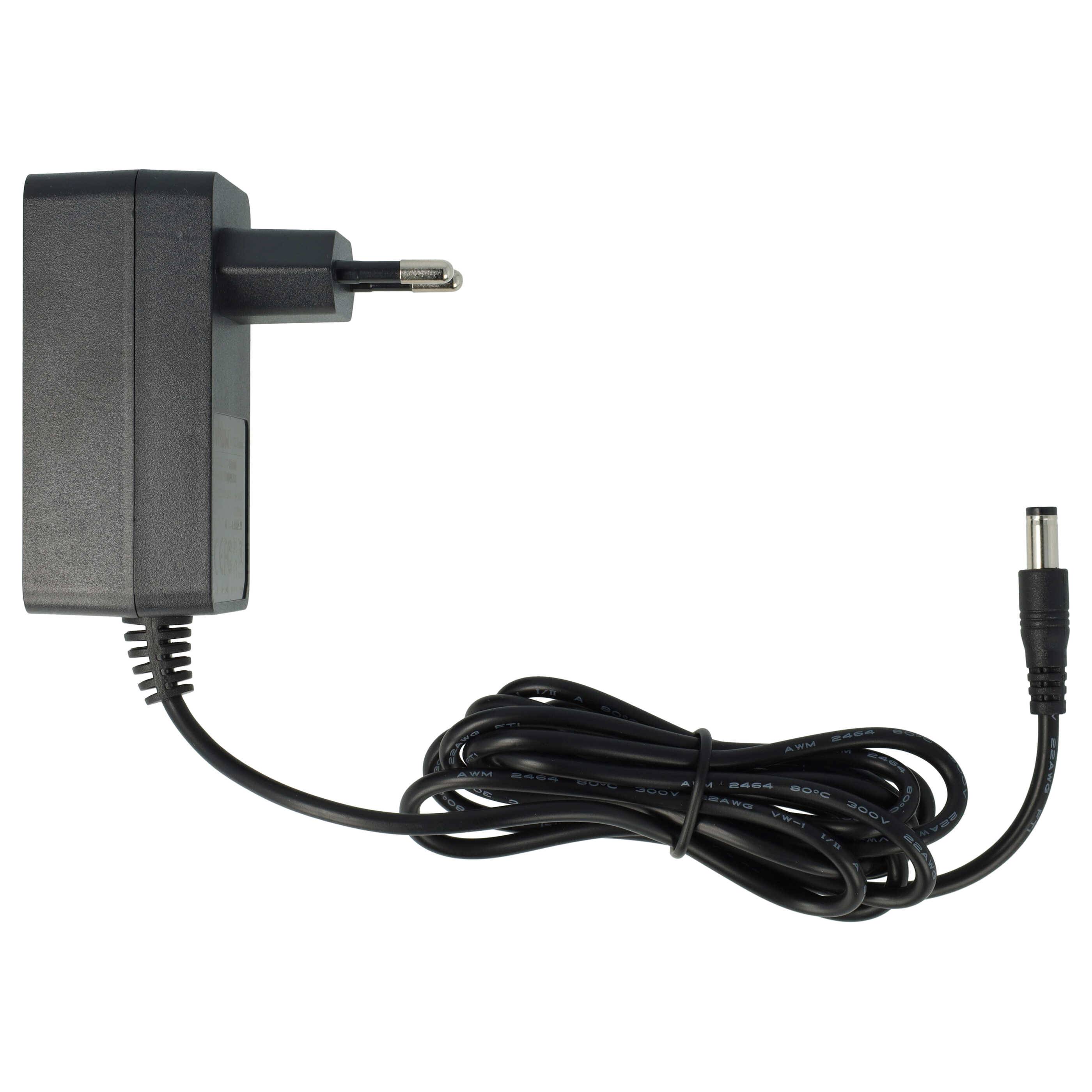 Ein schwarzer Netzteil-Adapter mit einem zweipoligen Stecker und einem langen, aufgewickelten Kabel mit DC-Stecker am Ende.
