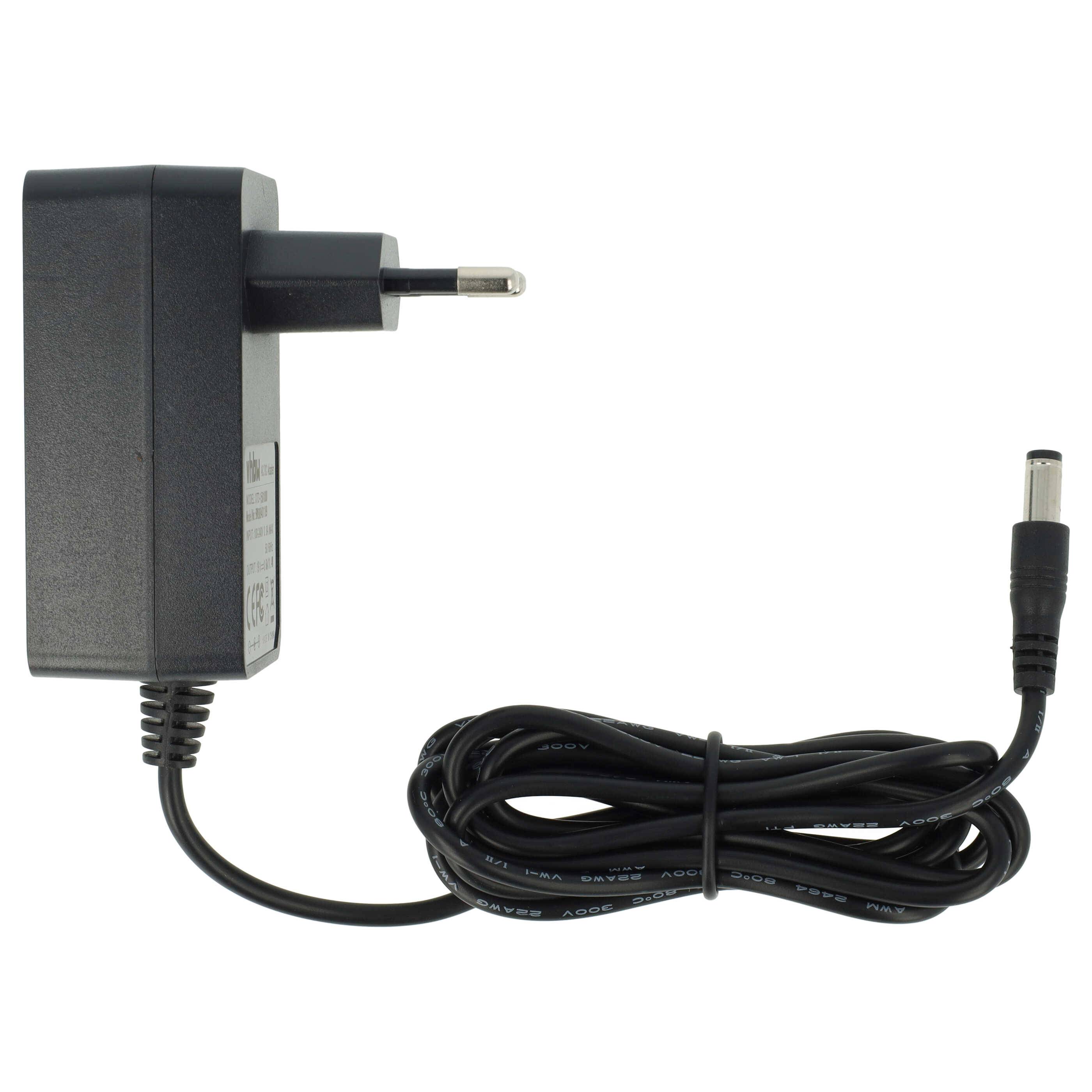 Ein schwarzer AC/DC-Stromadapter mit europäischem Stecker und einem aufgewickelten Kabel mit DC-Anschluss, geeignet für elektronische Geräte.